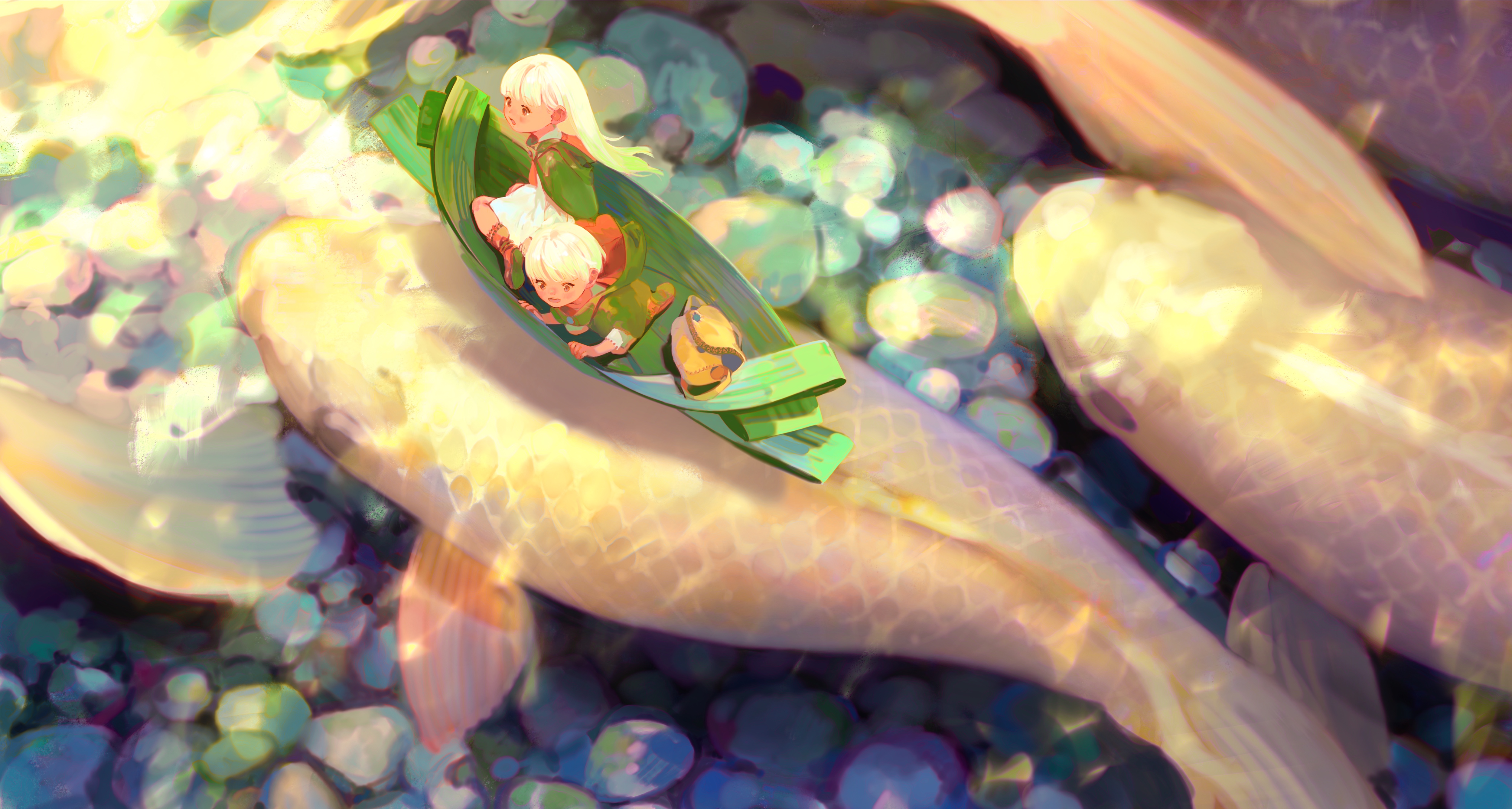 Fantasy Children on Koi Fish 4K HD Wallpaper