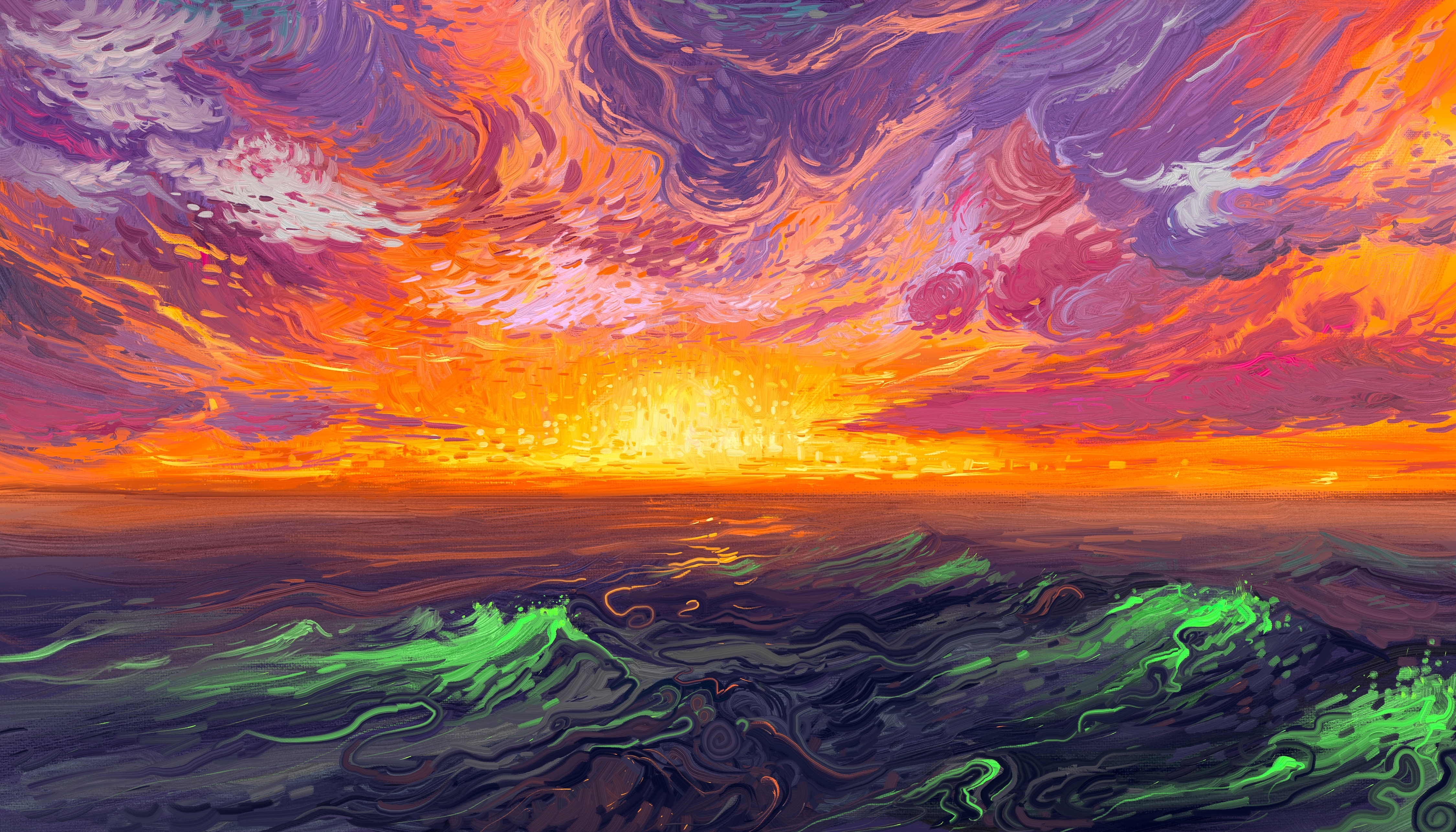Artistic Sunset Over Ocean 4K HD Wallpaper