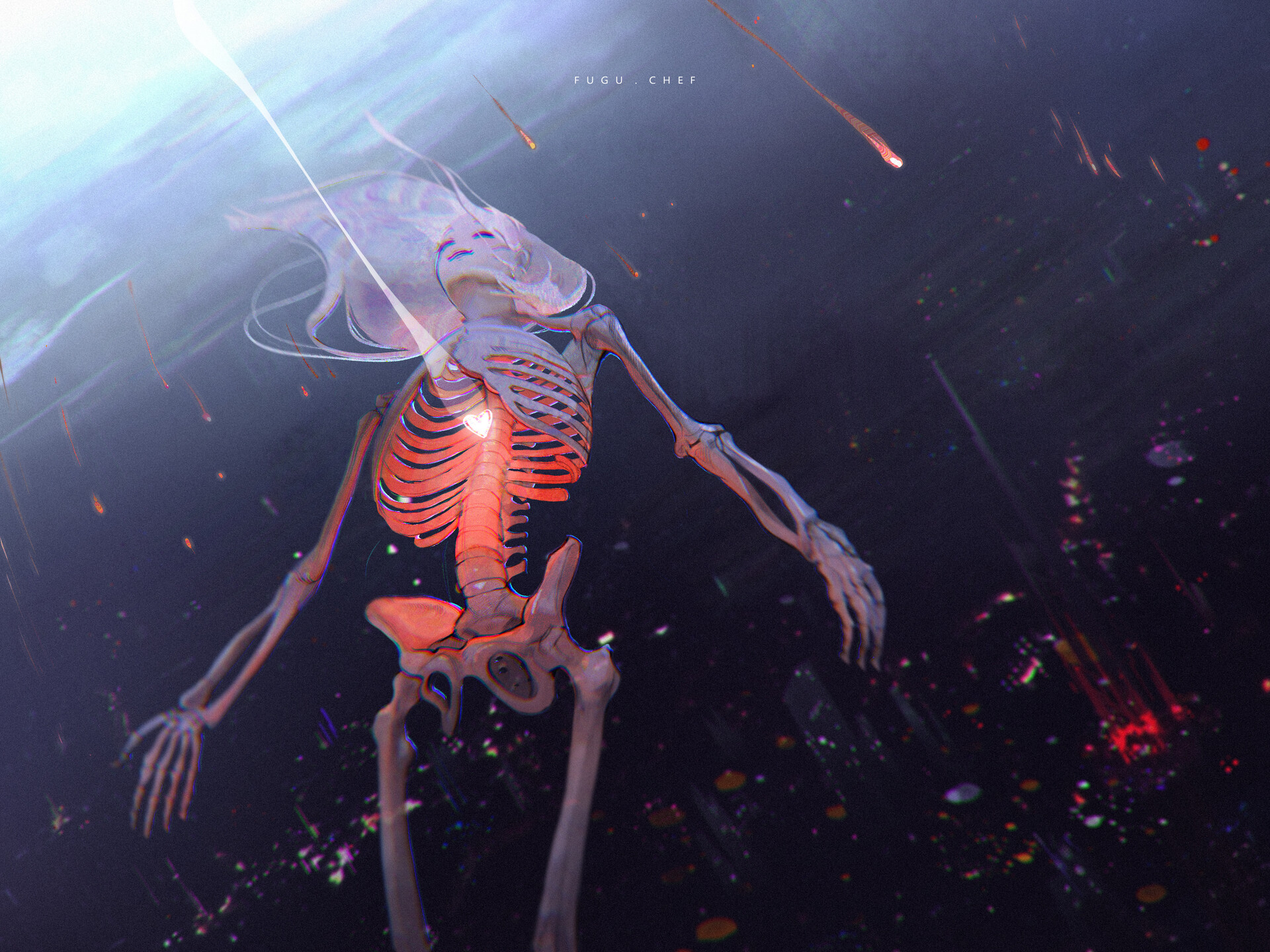 Skeleton falling through space with meteors HD Wallpaper