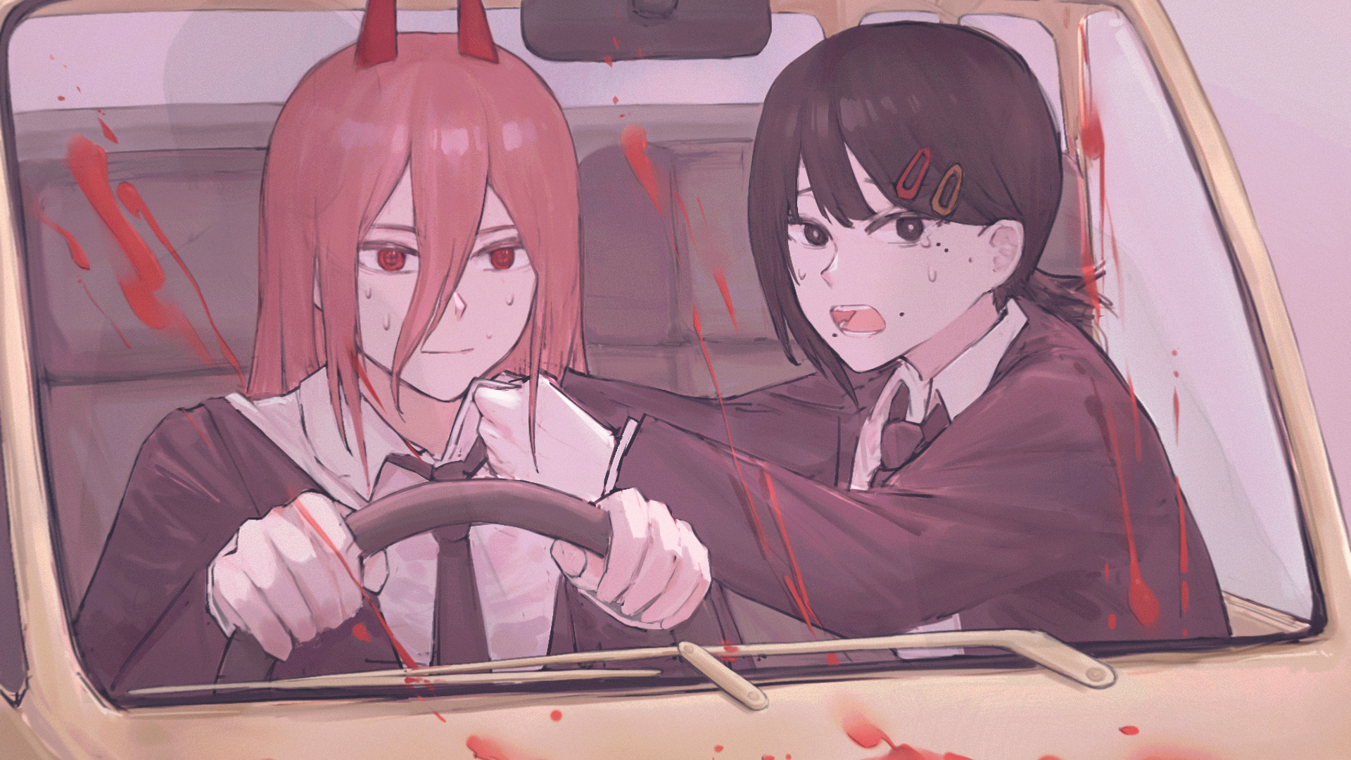 Power and Kobeni from Chainsaw Man in a car HD Wallpaper