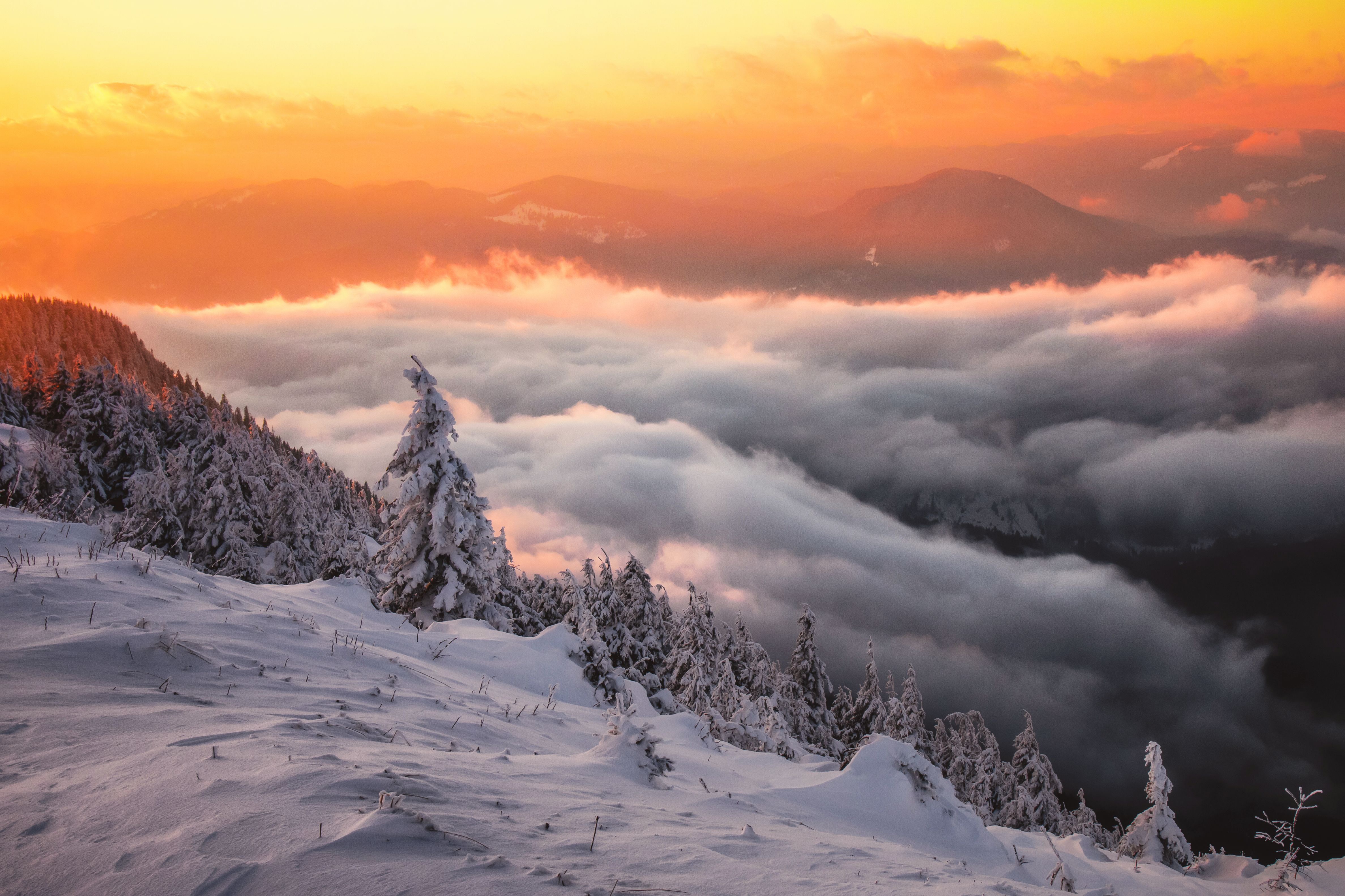 Snowy Mountain Landscape at Sunset with Clouds HD Wallpaper