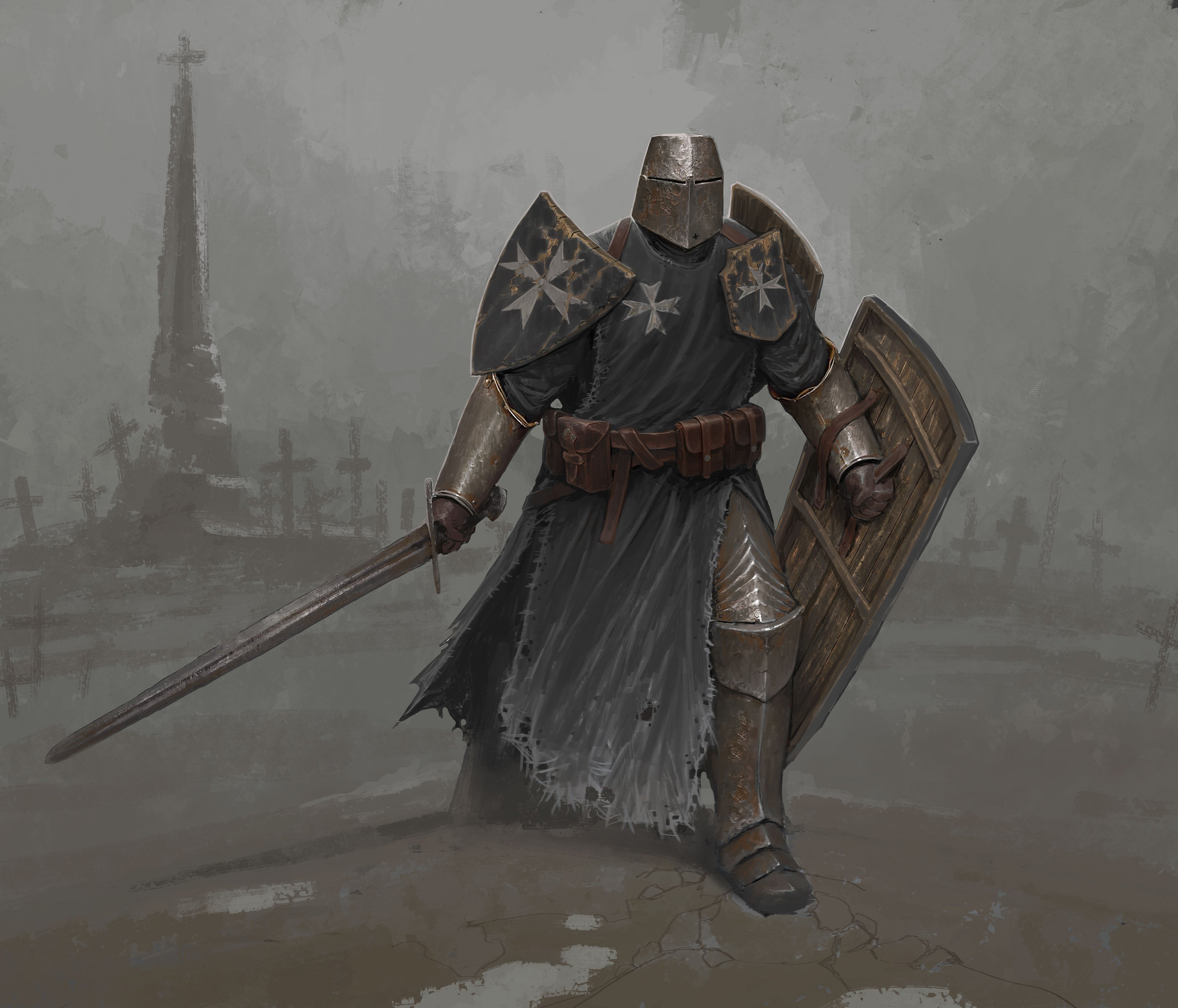 Fantasy Knight with Sword and Shield in Cemetery HD Wallpaper