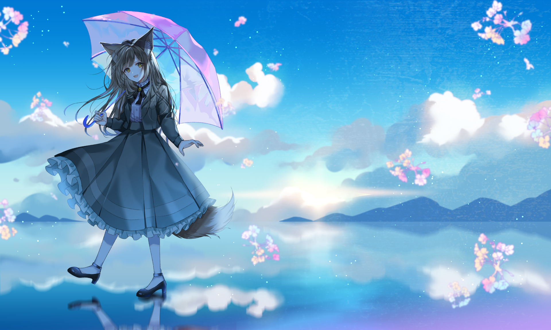 Anime girl with umbrella and animal ears by the water HD Wallpaper