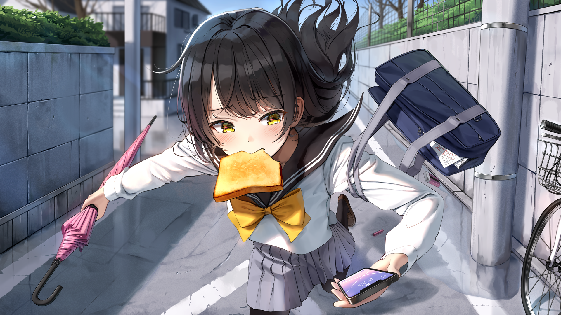 Girl in School Uniform Eating Toast While Running HD Wallpaper