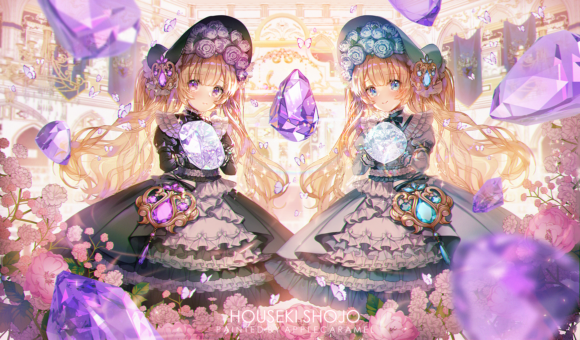 Two anime girls with gems and flowers HD Wallpaper