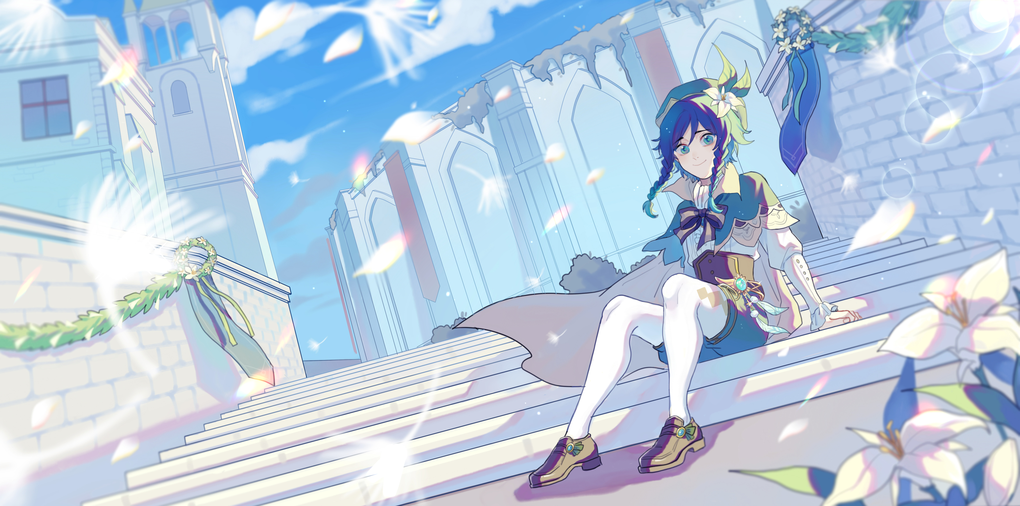 Venti from Genshin Impact sitting on stairs HD Wallpaper