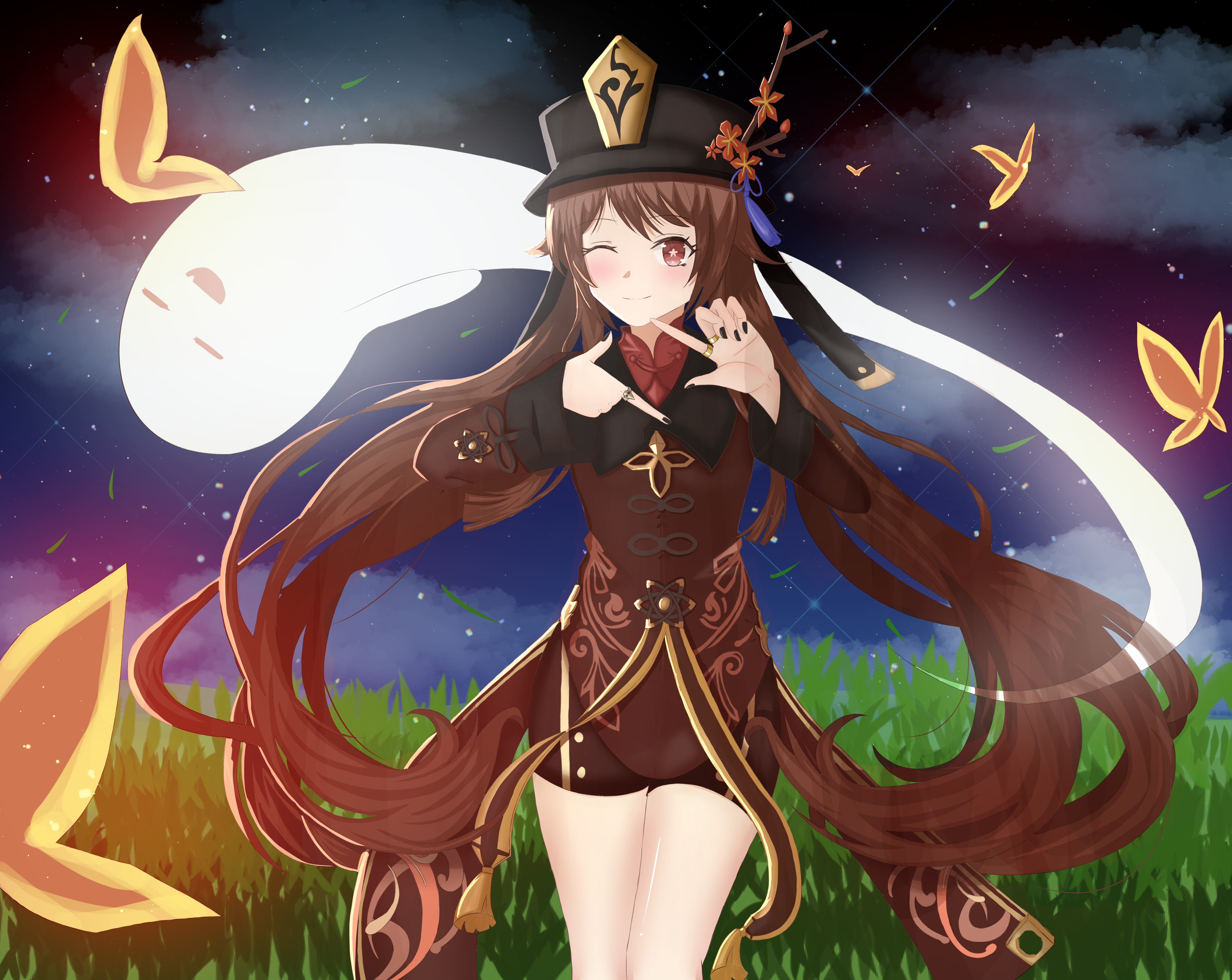 Hu Tao from Genshin Impact with a ghost and butterflies HD Wallpaper