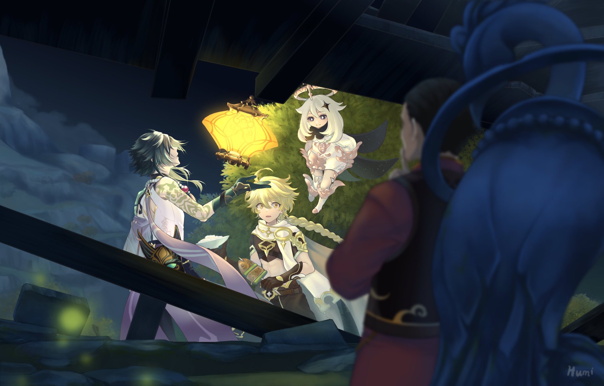 Xiao, Aether, and Paimon from Genshin Impact with a lantern HD Wallpaper