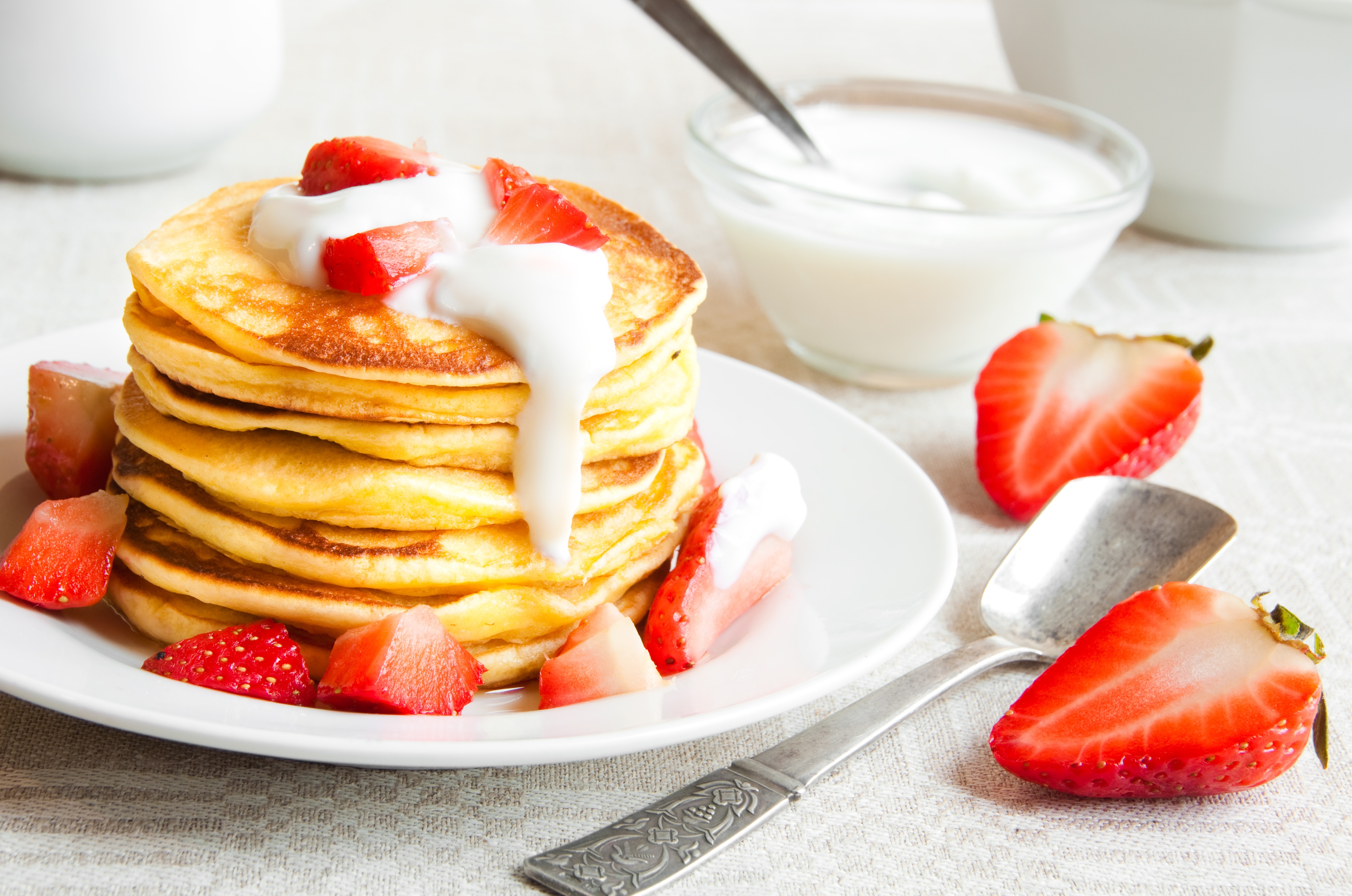 Stack of Pancakes with Strawberries and Yogurt 4K HD Wallpaper