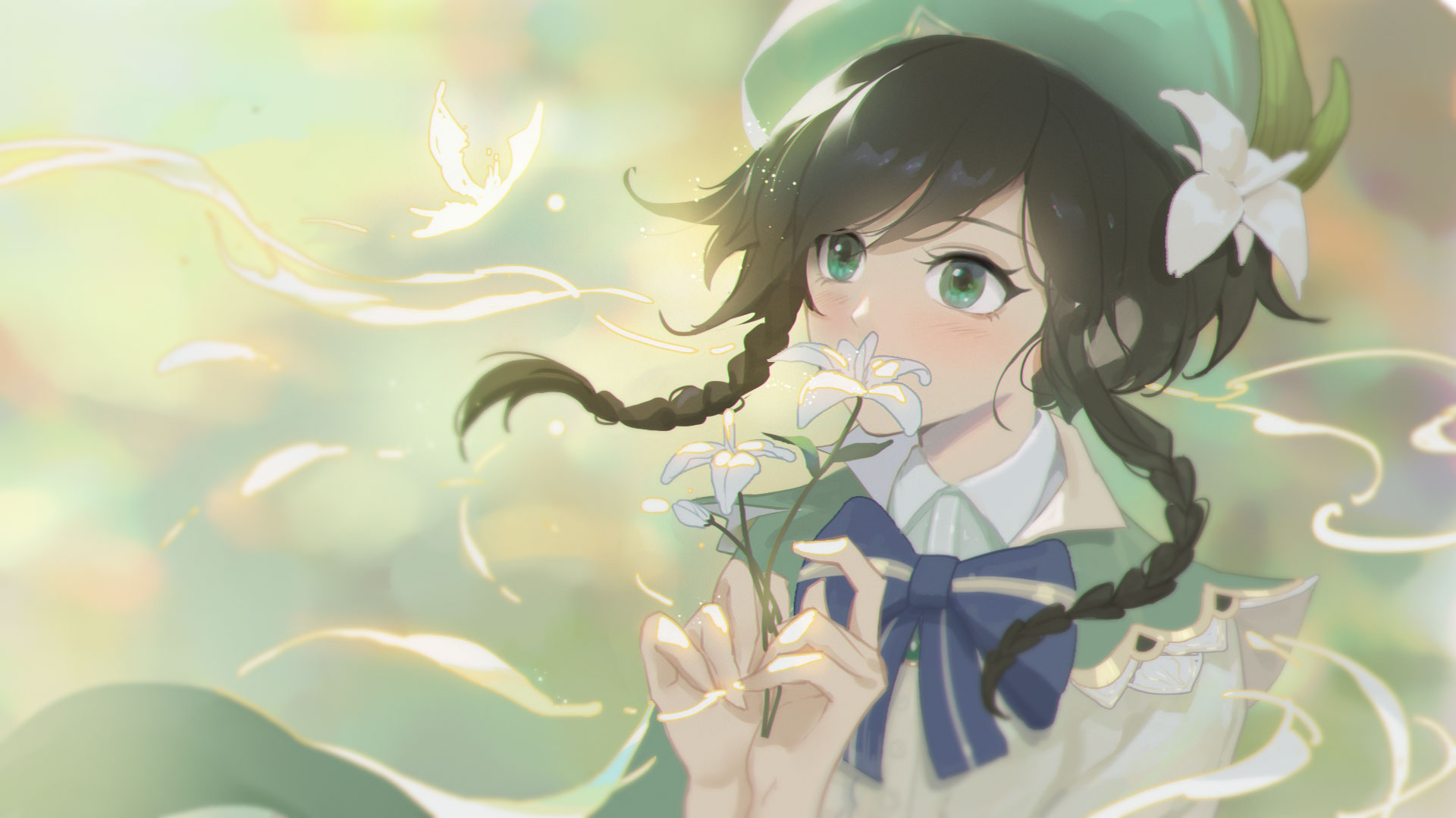 Venti from Genshin Impact holding flowers HD Wallpaper