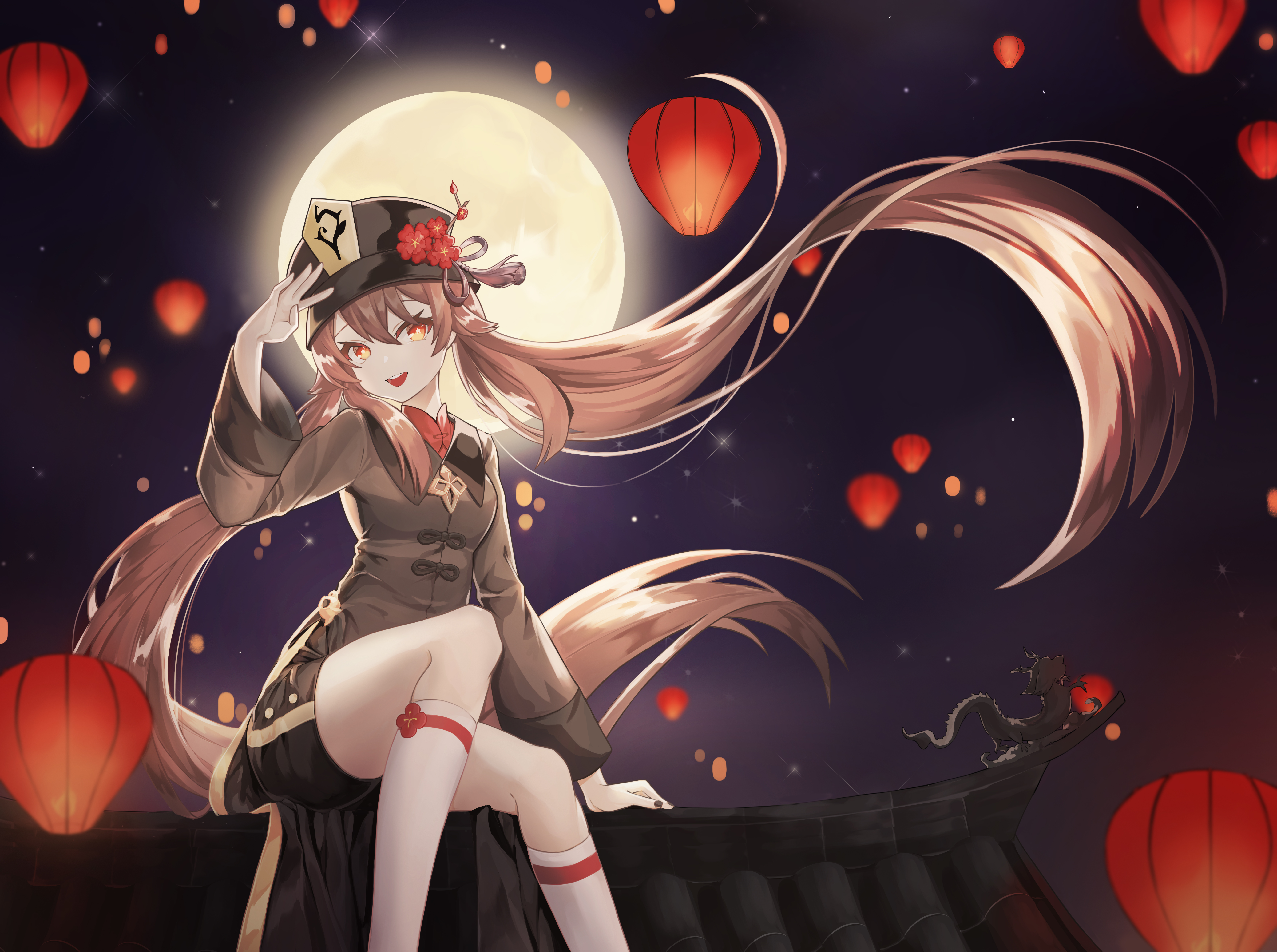 Hu Tao from Genshin Impact with Lanterns HD Wallpaper