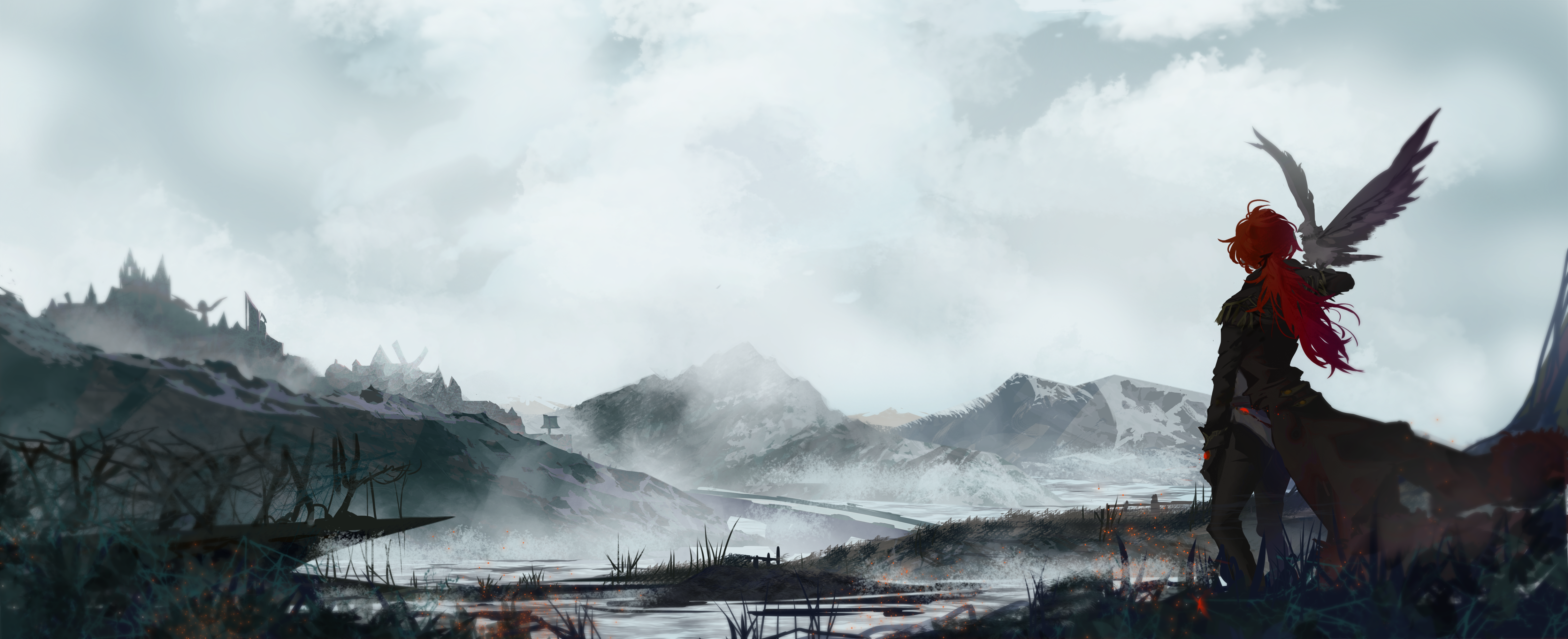 Diluc from Genshin Impact with a bird HD Wallpaper