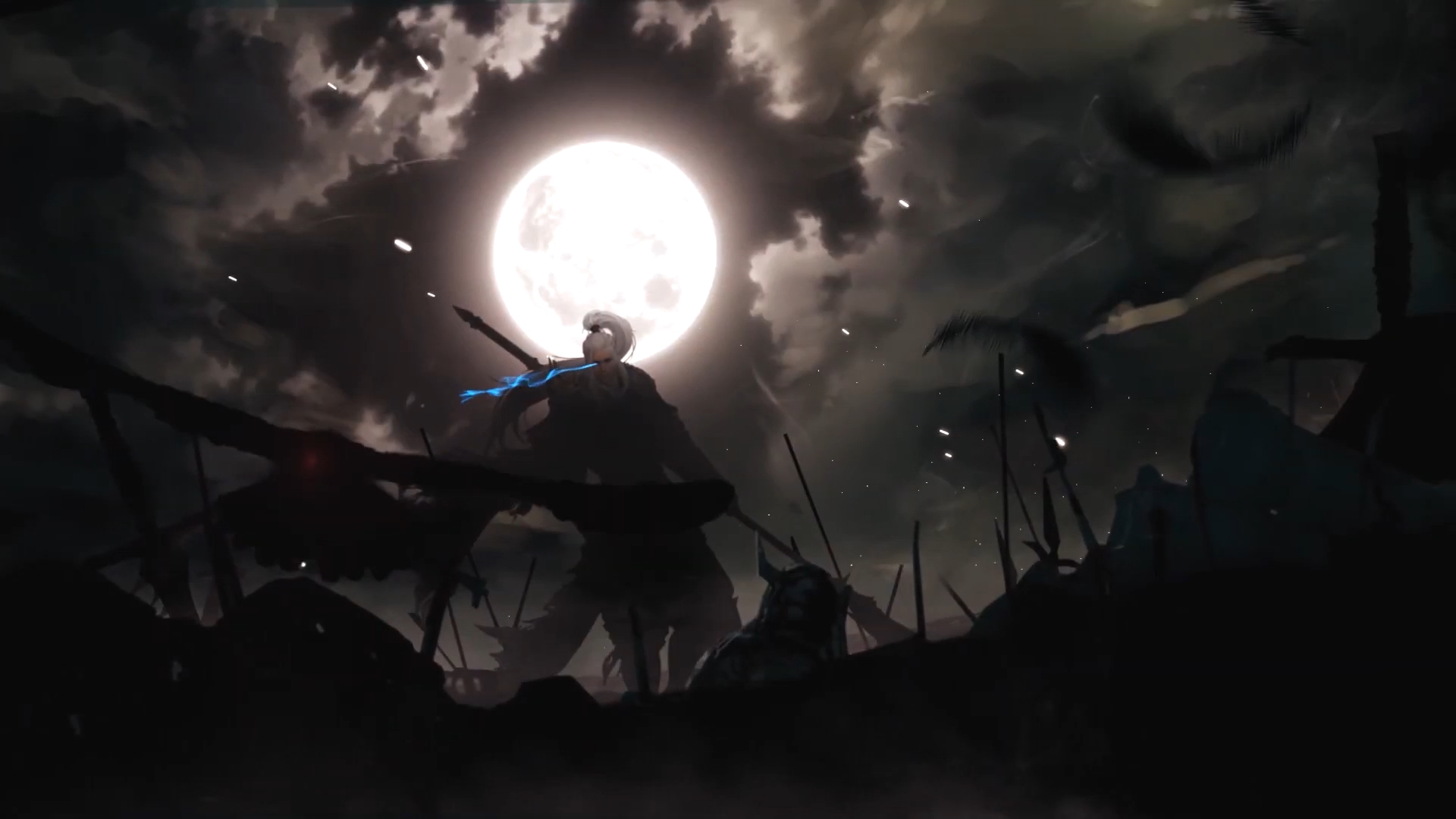 Character with sword under a full moon HD Wallpaper