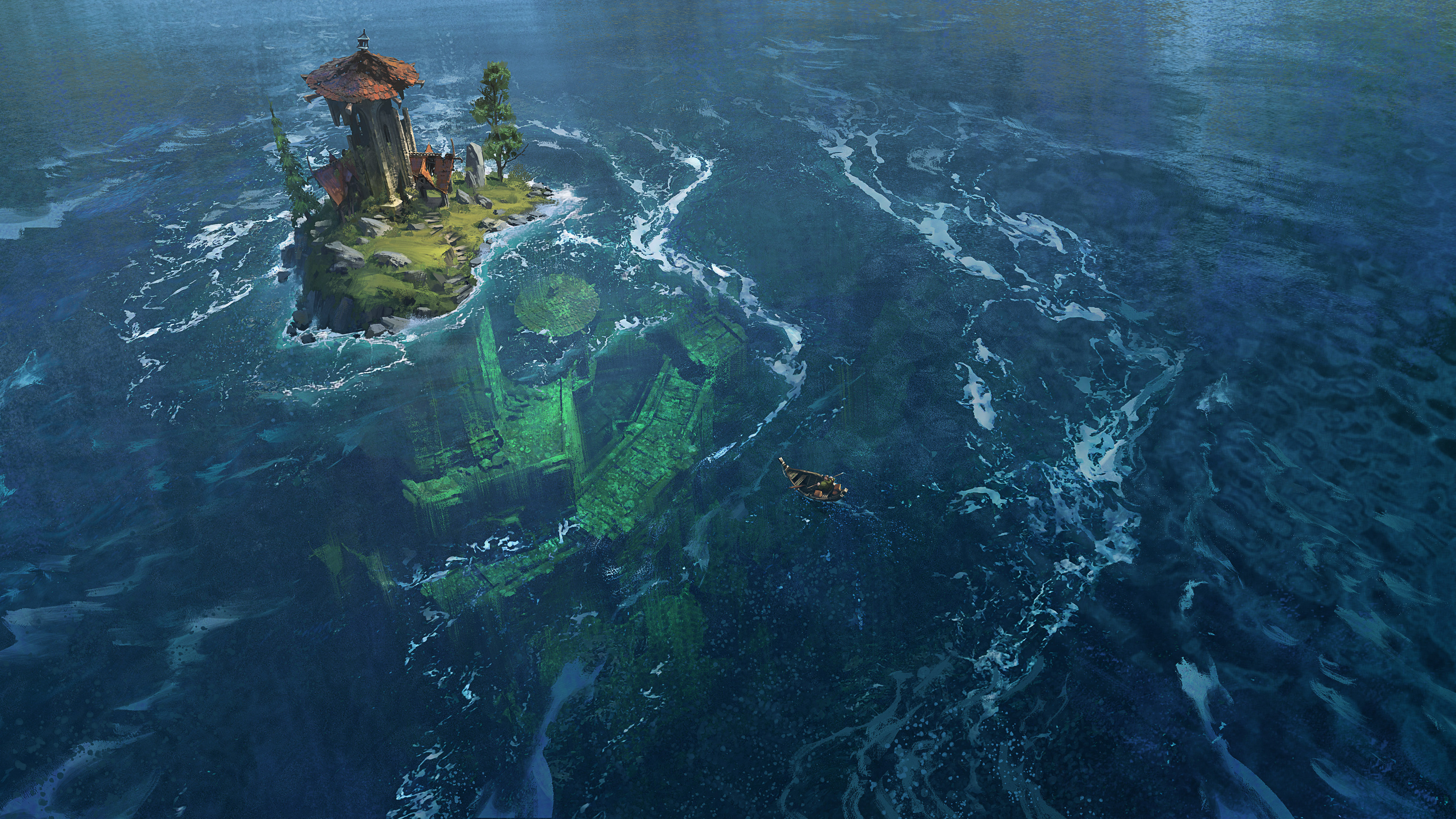 Fantasy island with lighthouse and sunken ship HD Wallpaper