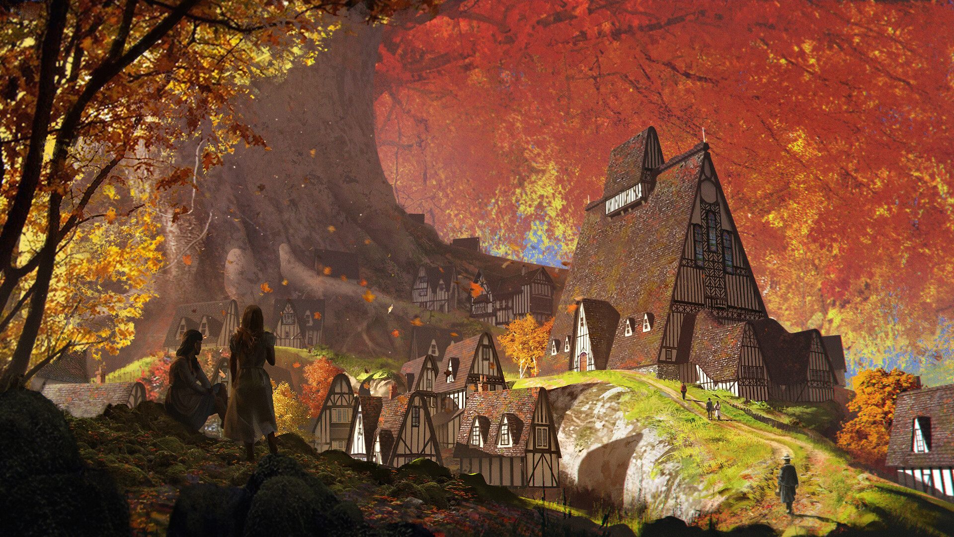 Autumn village nestled in a forest HD Wallpaper
