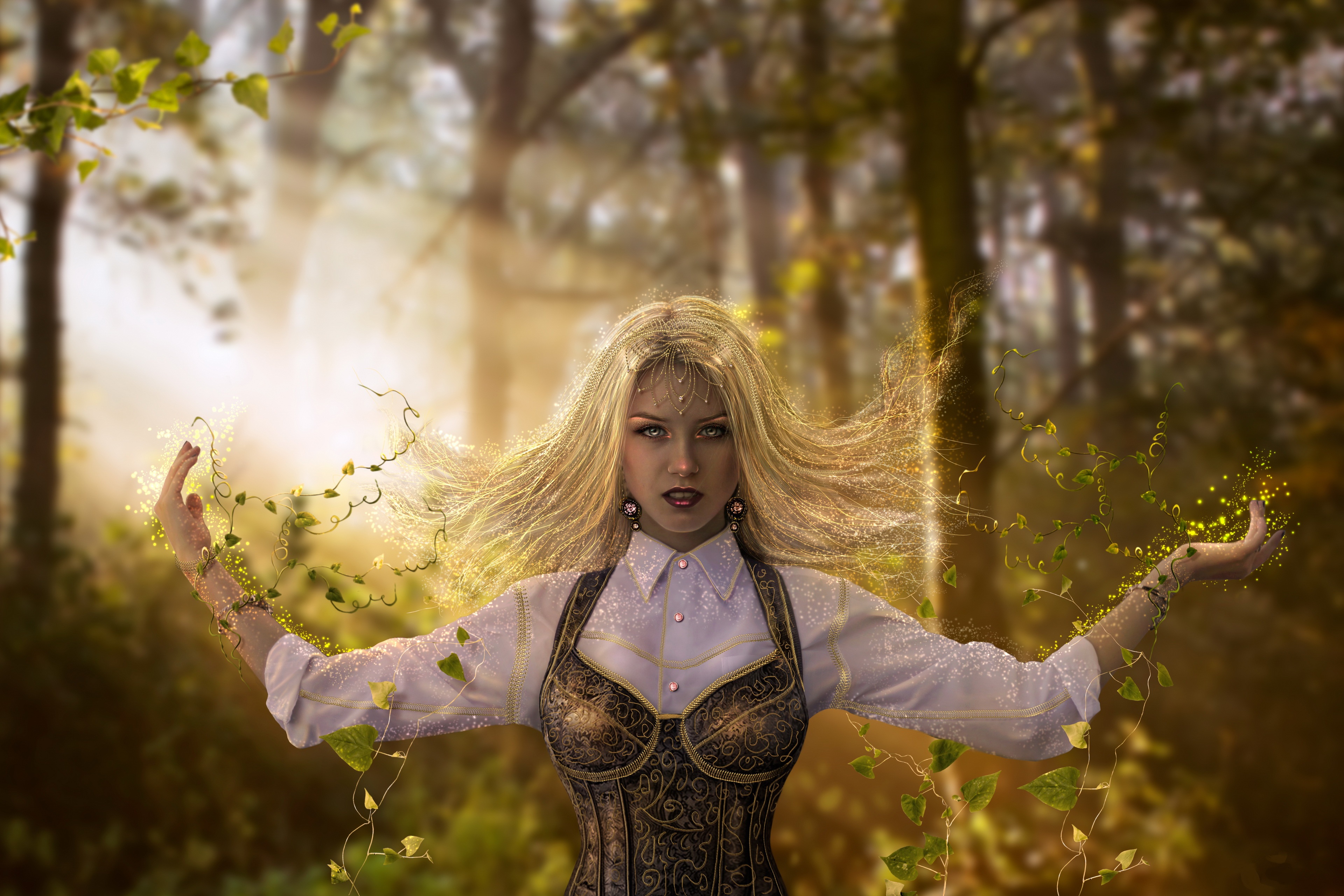 Fantasy Woman with Vines in Forest 4K HD Wallpaper