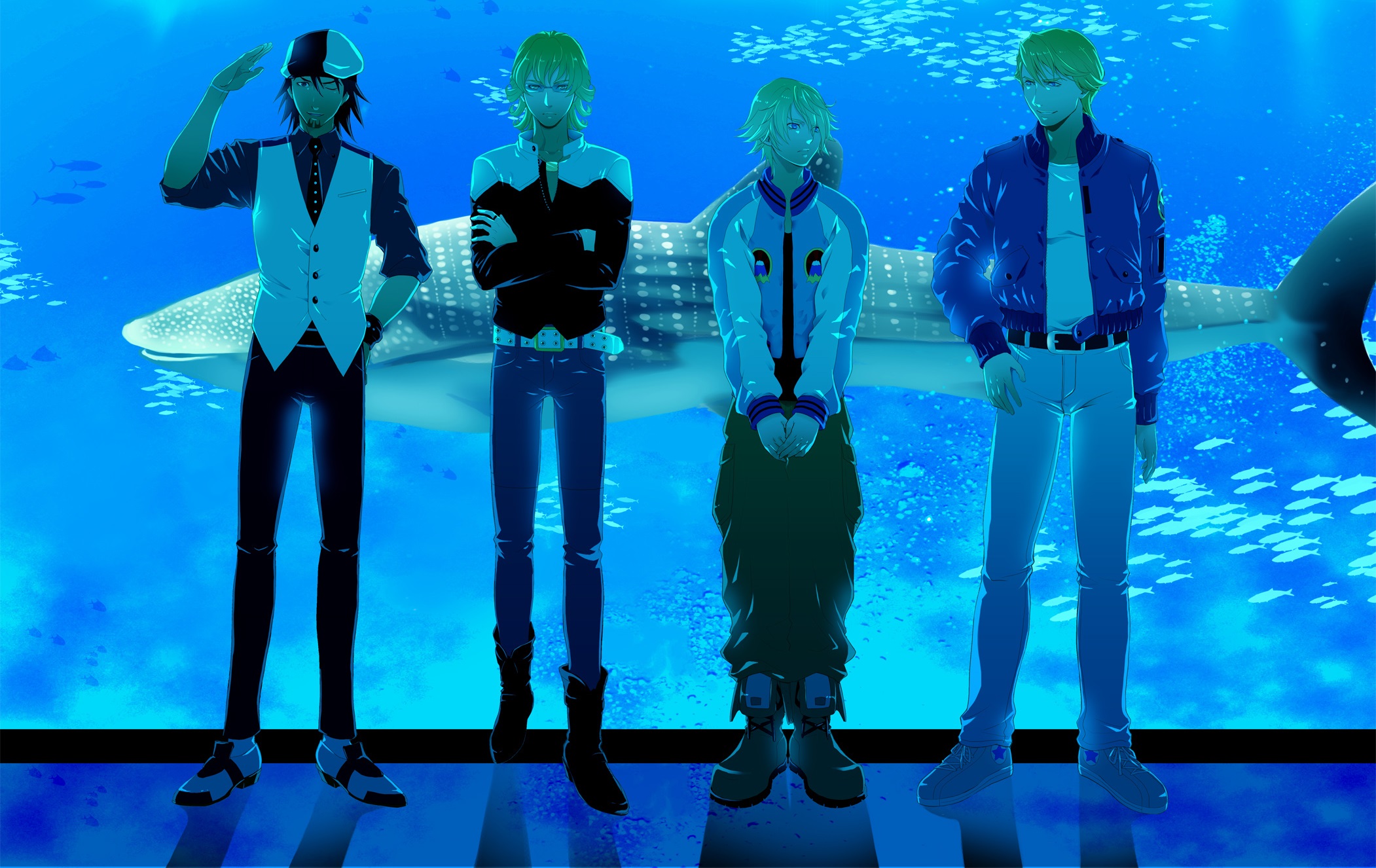 Four men in front of a whale shark at an aquarium HD Wallpaper