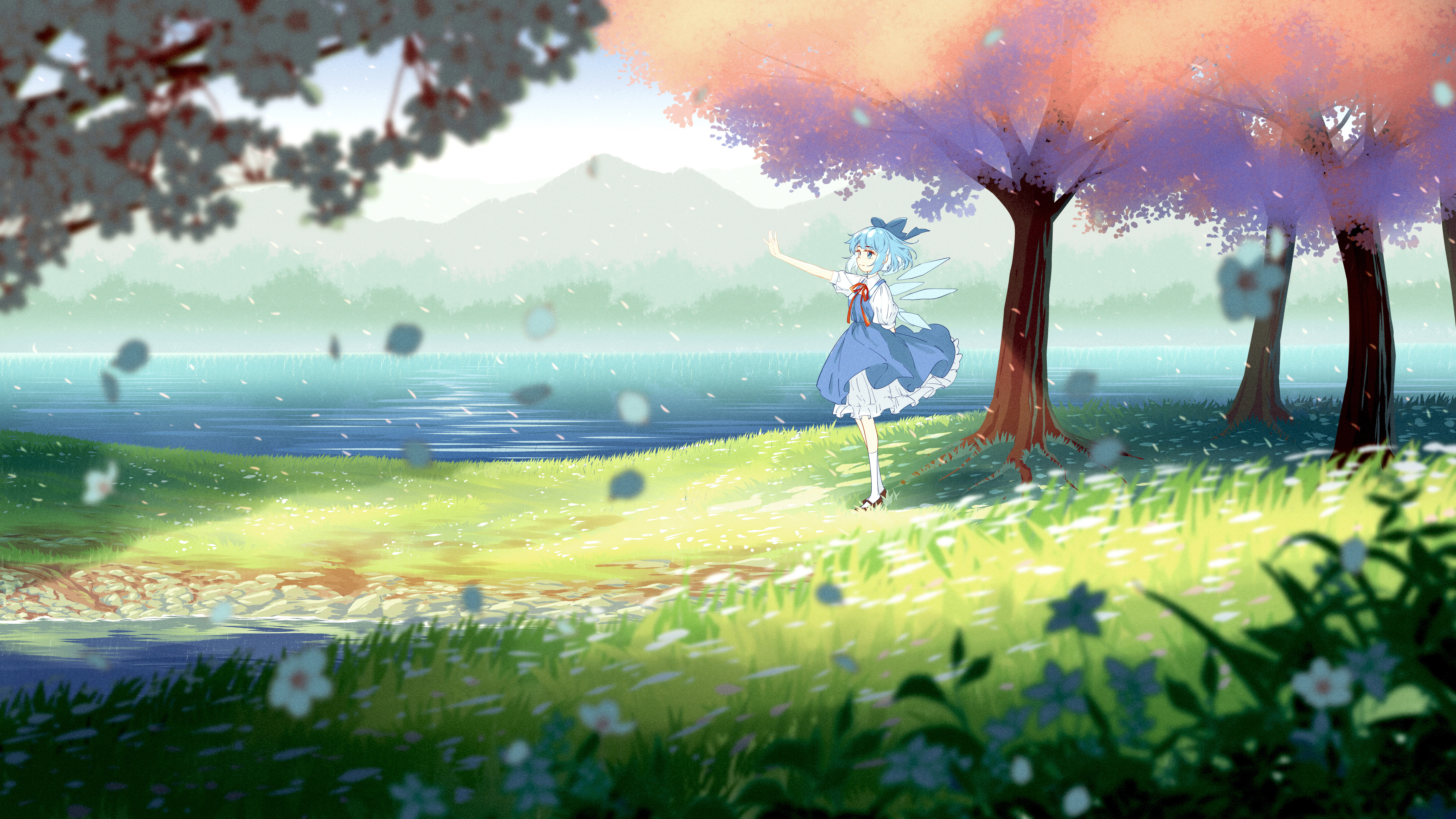 Cirno from Touhou under cherry blossom trees HD Wallpaper