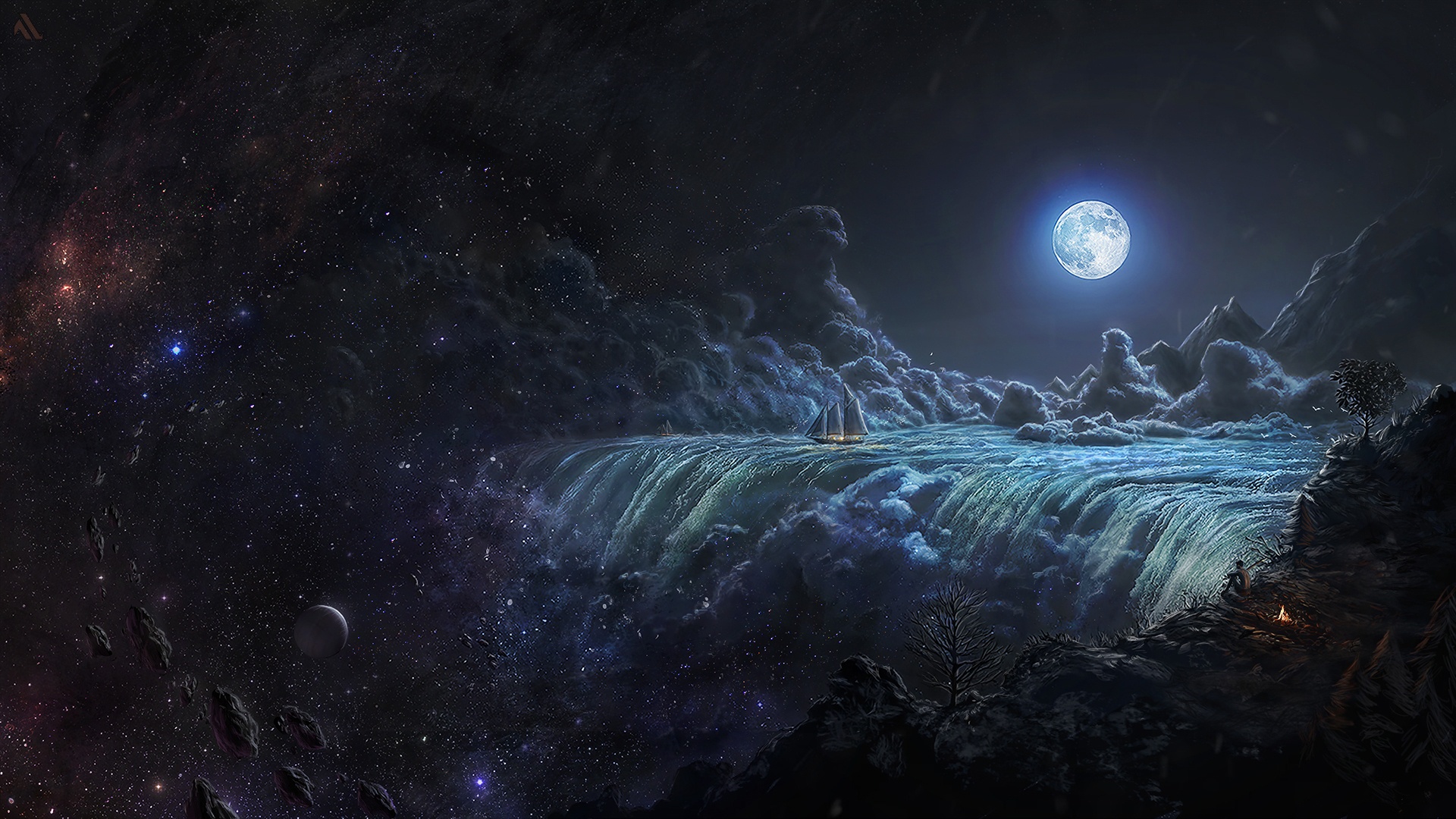 Sailboat on a waterfall under the moon and stars HD Wallpaper