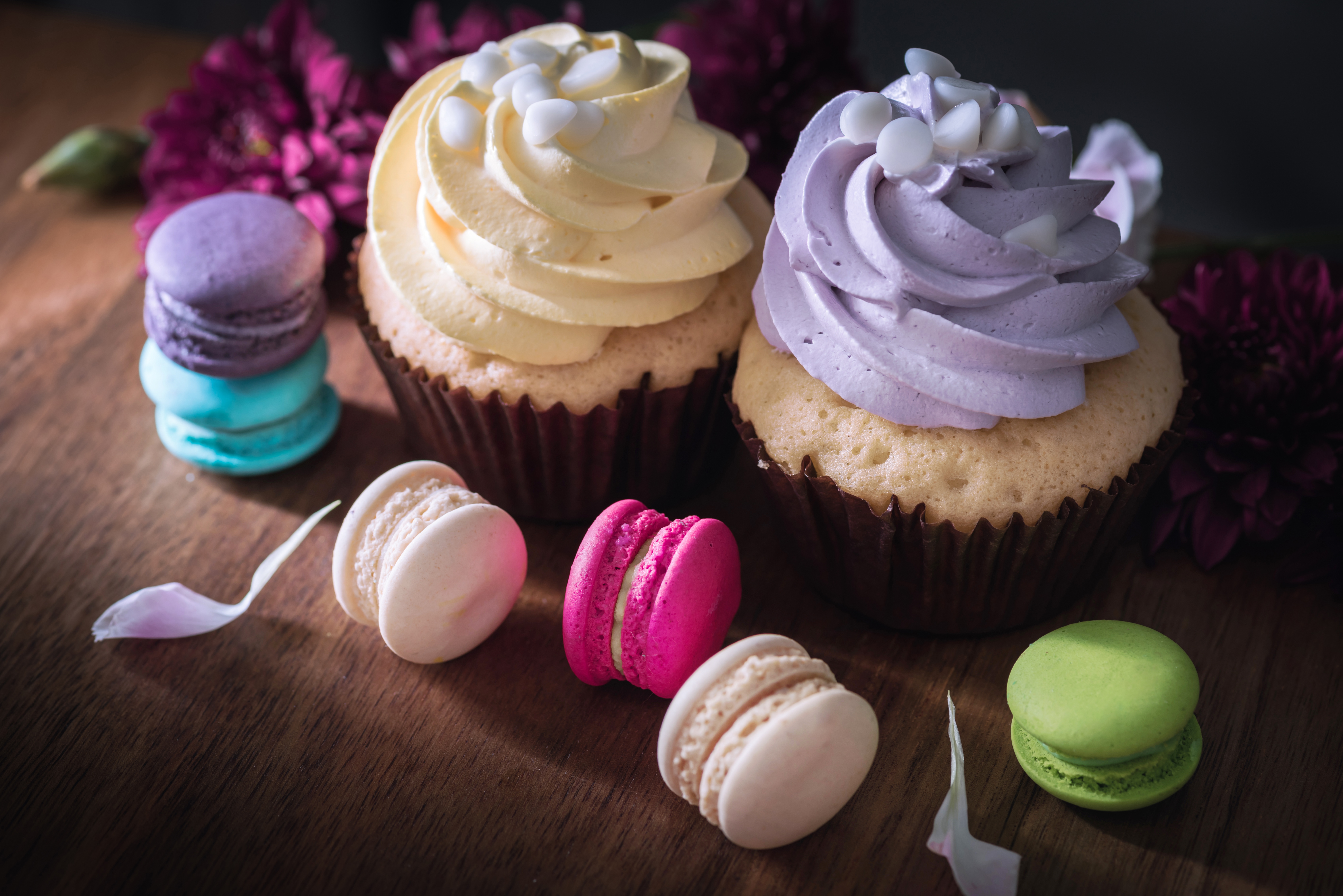 Cupcakes and Macarons with Flowers HD Wallpaper