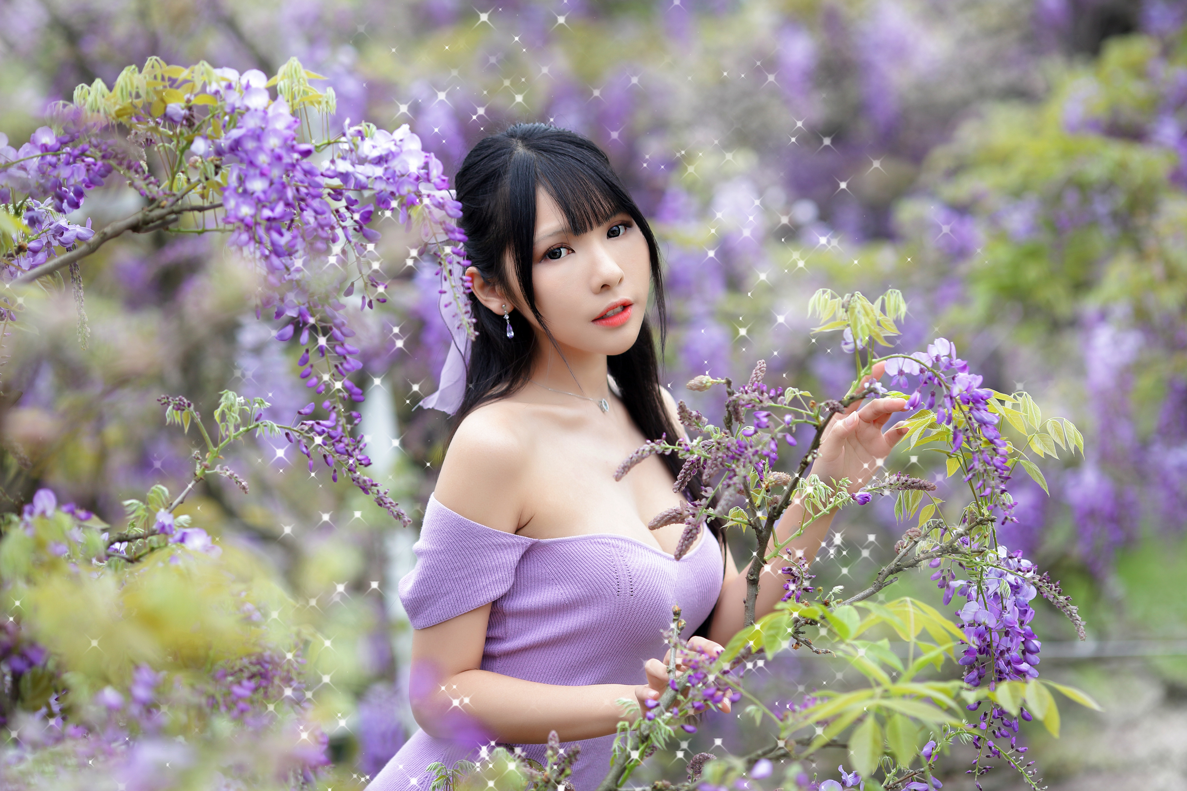 Asian Woman with Black Hair Among Purple Flowers 4K HD Wallpaper