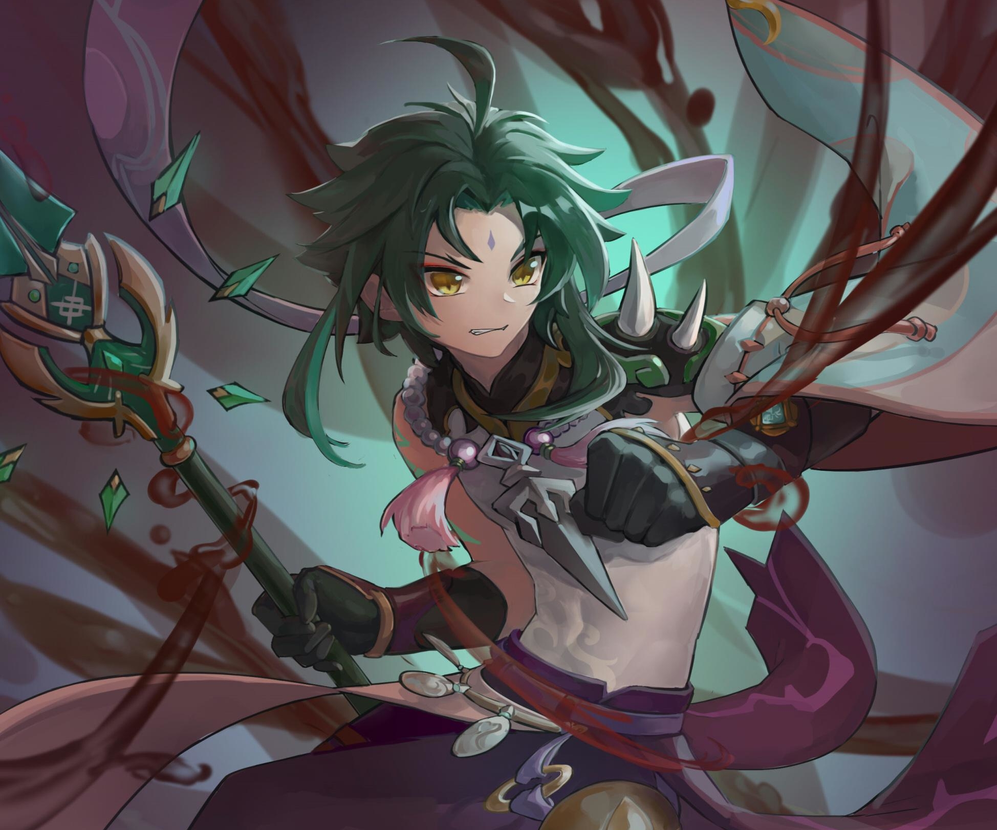 Xiao from Genshin Impact with a polearm HD Wallpaper