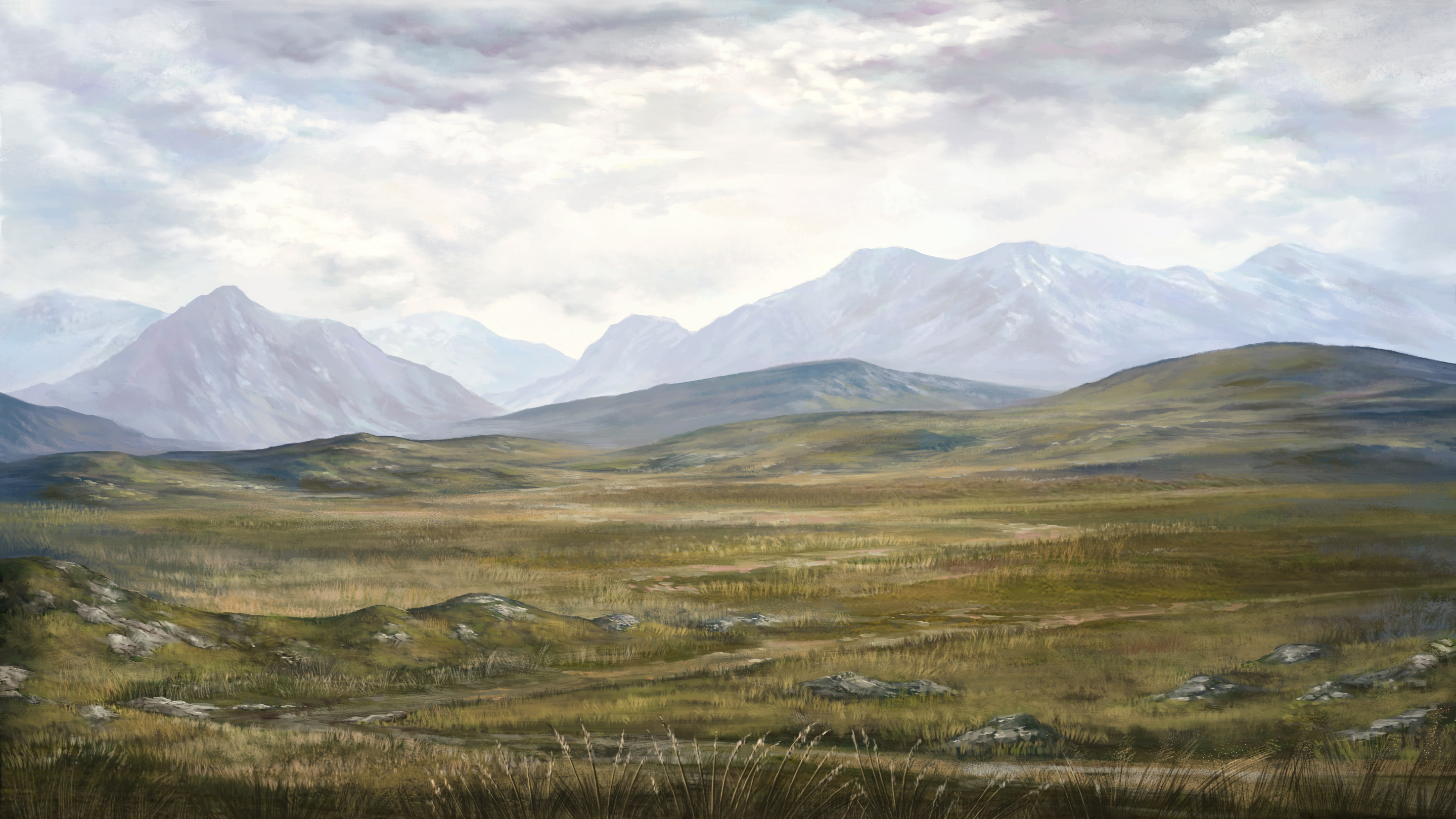 Landscape painting with mountains and plains HD Wallpaper