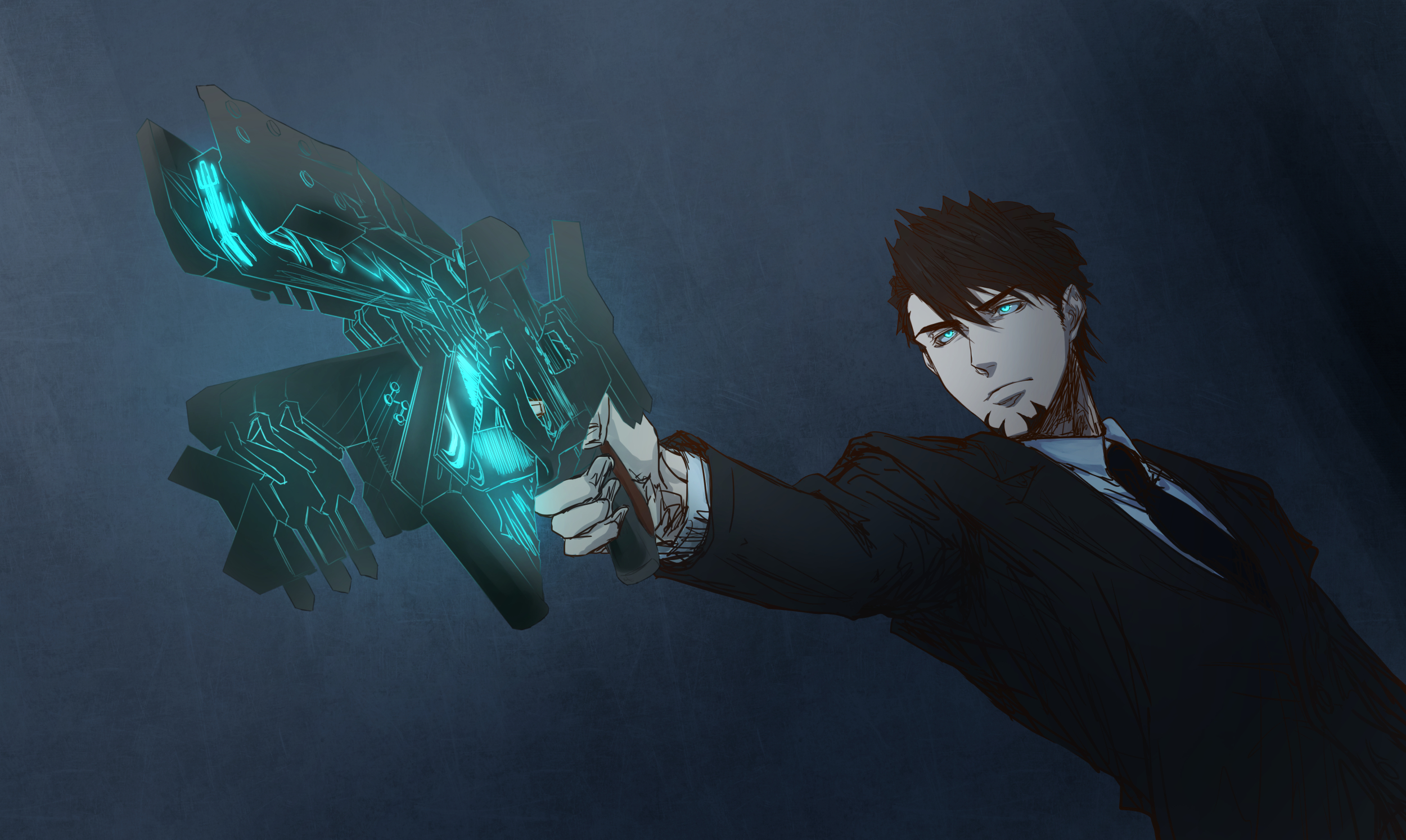 Man in suit holding futuristic weapon HD Wallpaper
