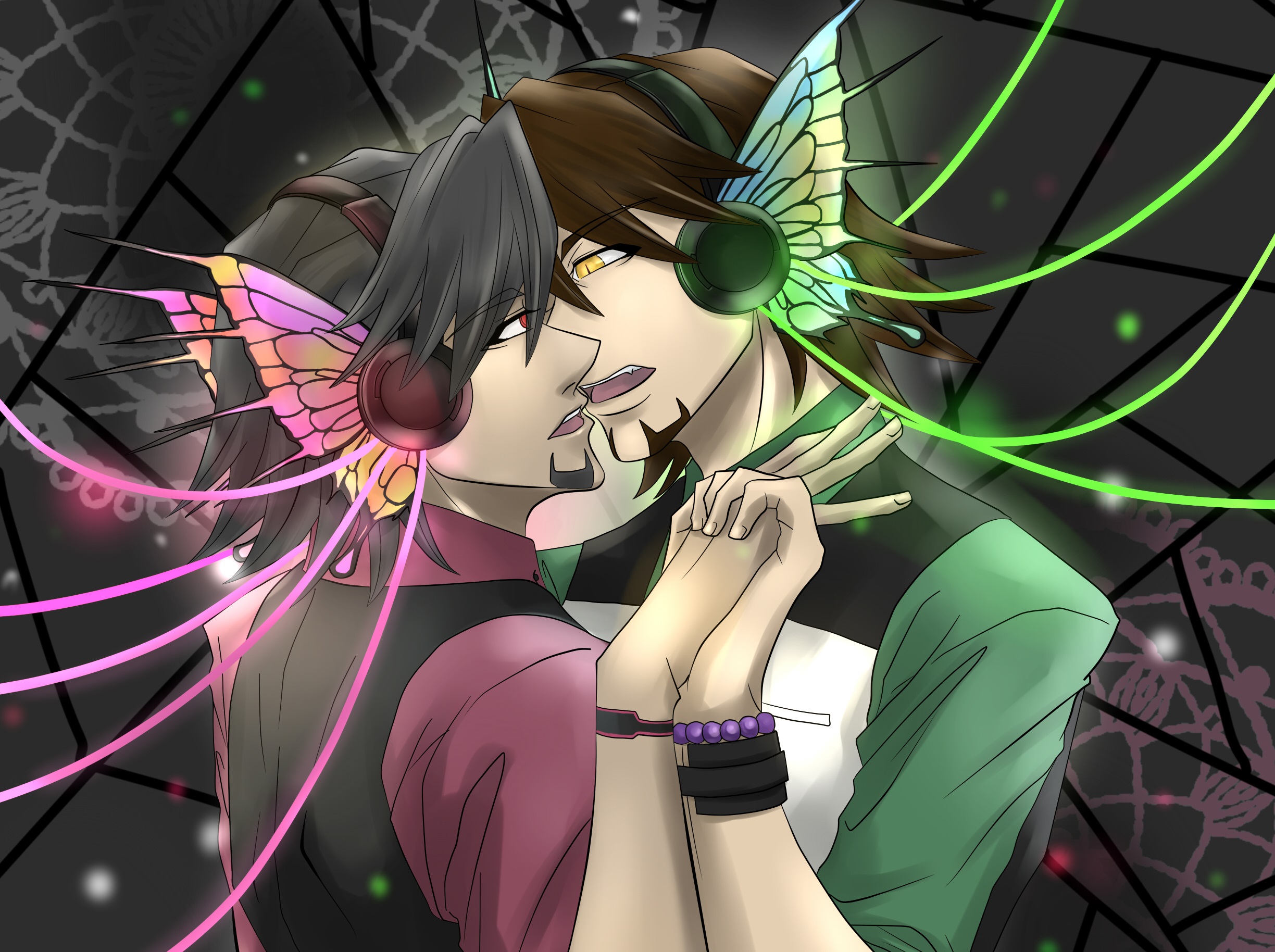 Two men with butterfly wings and headphones HD Wallpaper