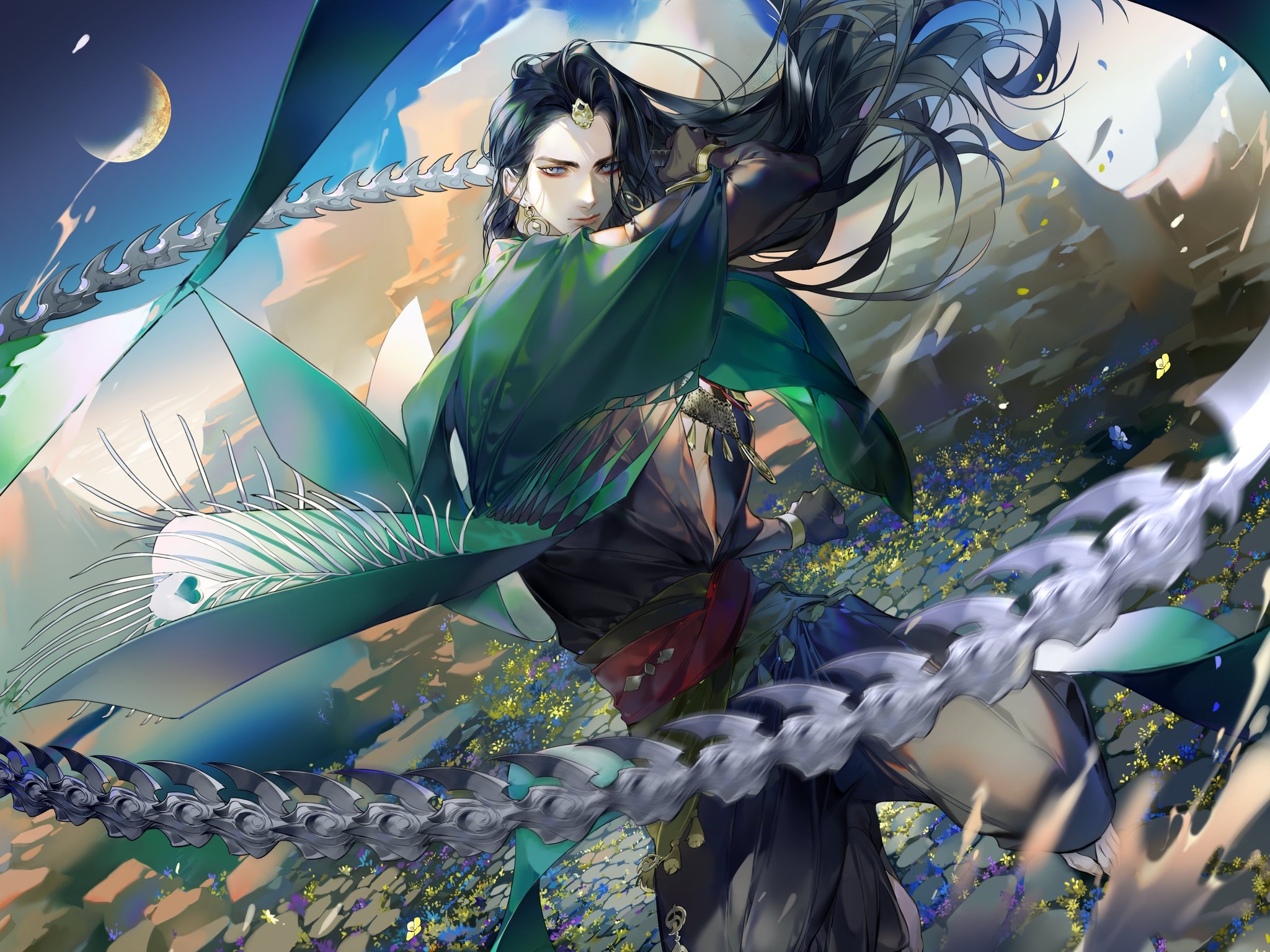 Man with long black hair and green cloak HD Wallpaper