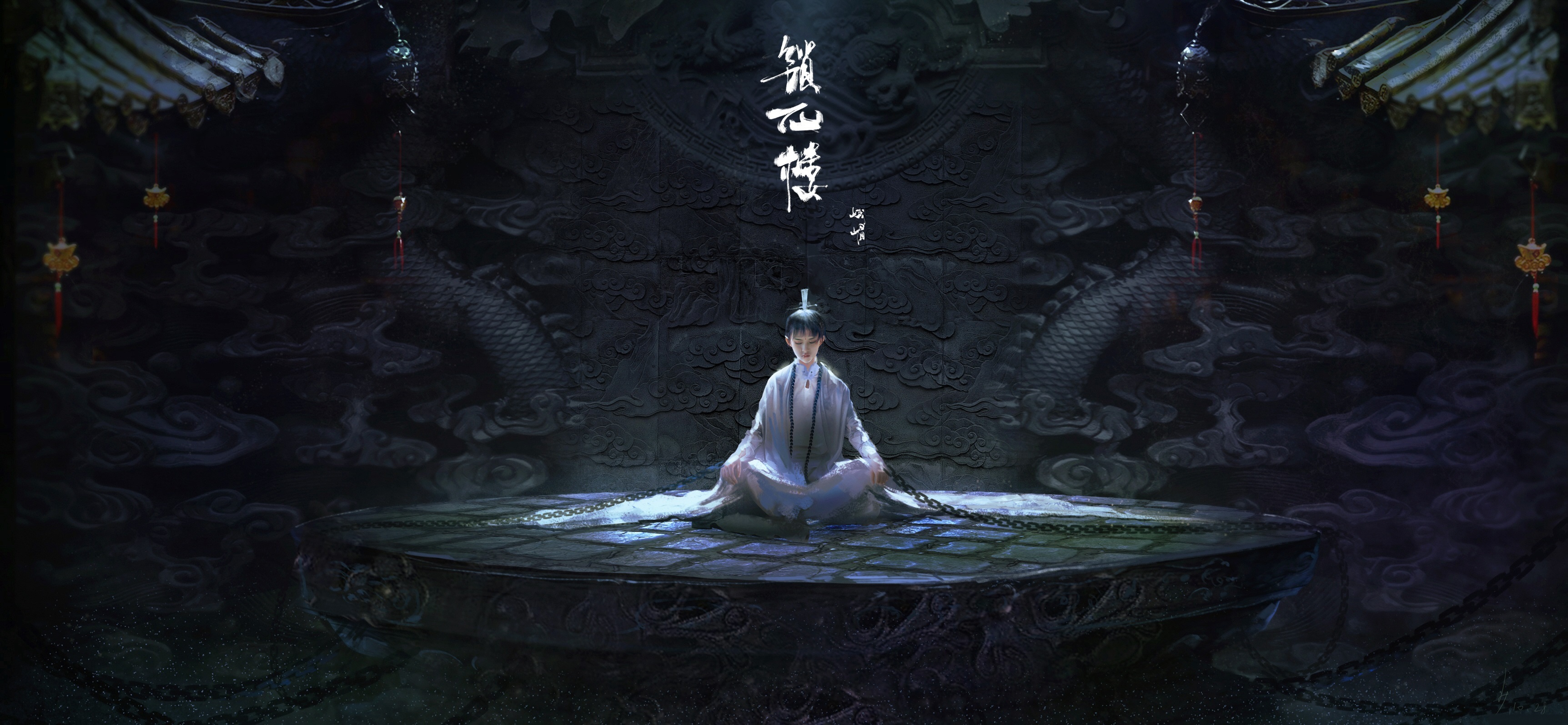 Man in white robes meditating in a dark chamber HD Wallpaper