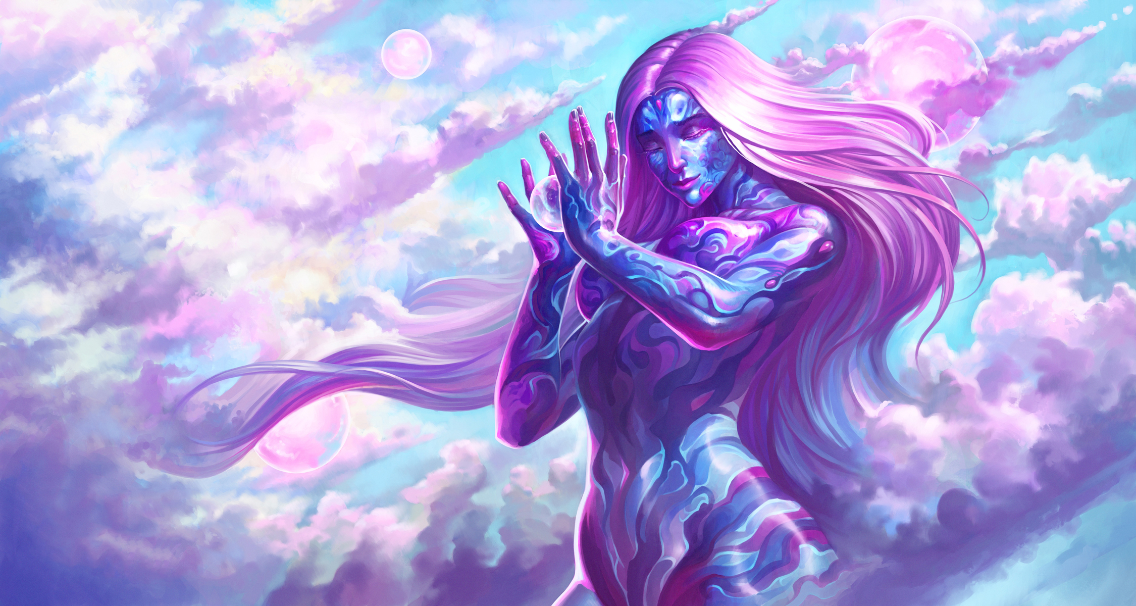 Fantasy Woman with Purple and Blue Body in Clouds HD Wallpaper