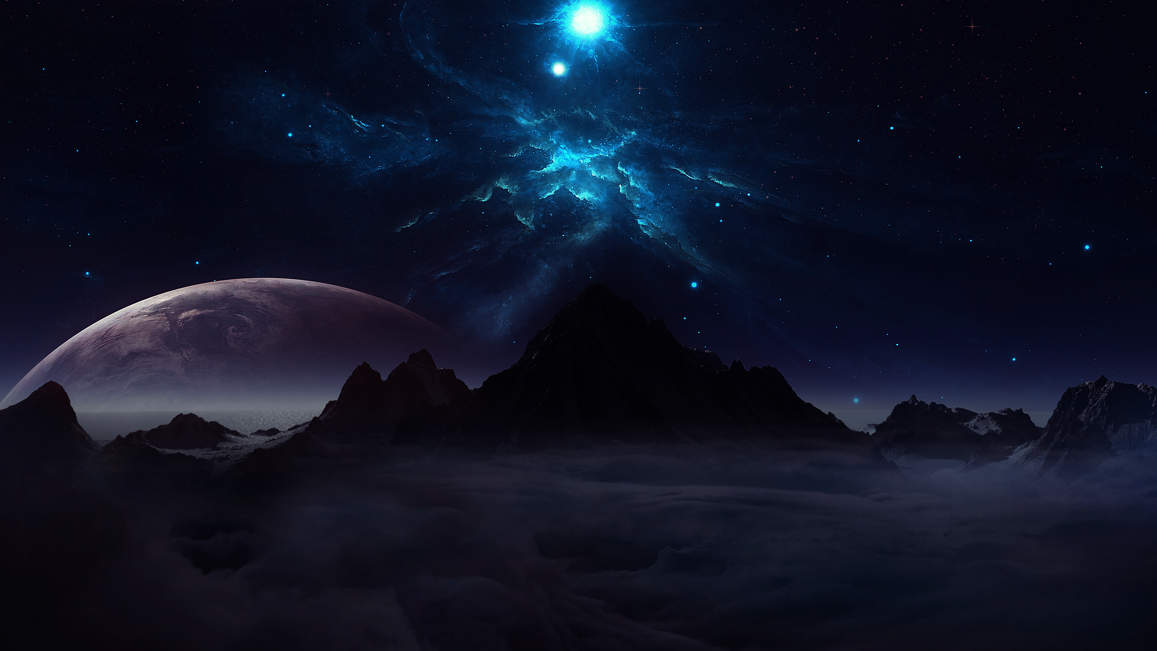 Cosmic lights over mountains with a planet in the sky HD Wallpaper