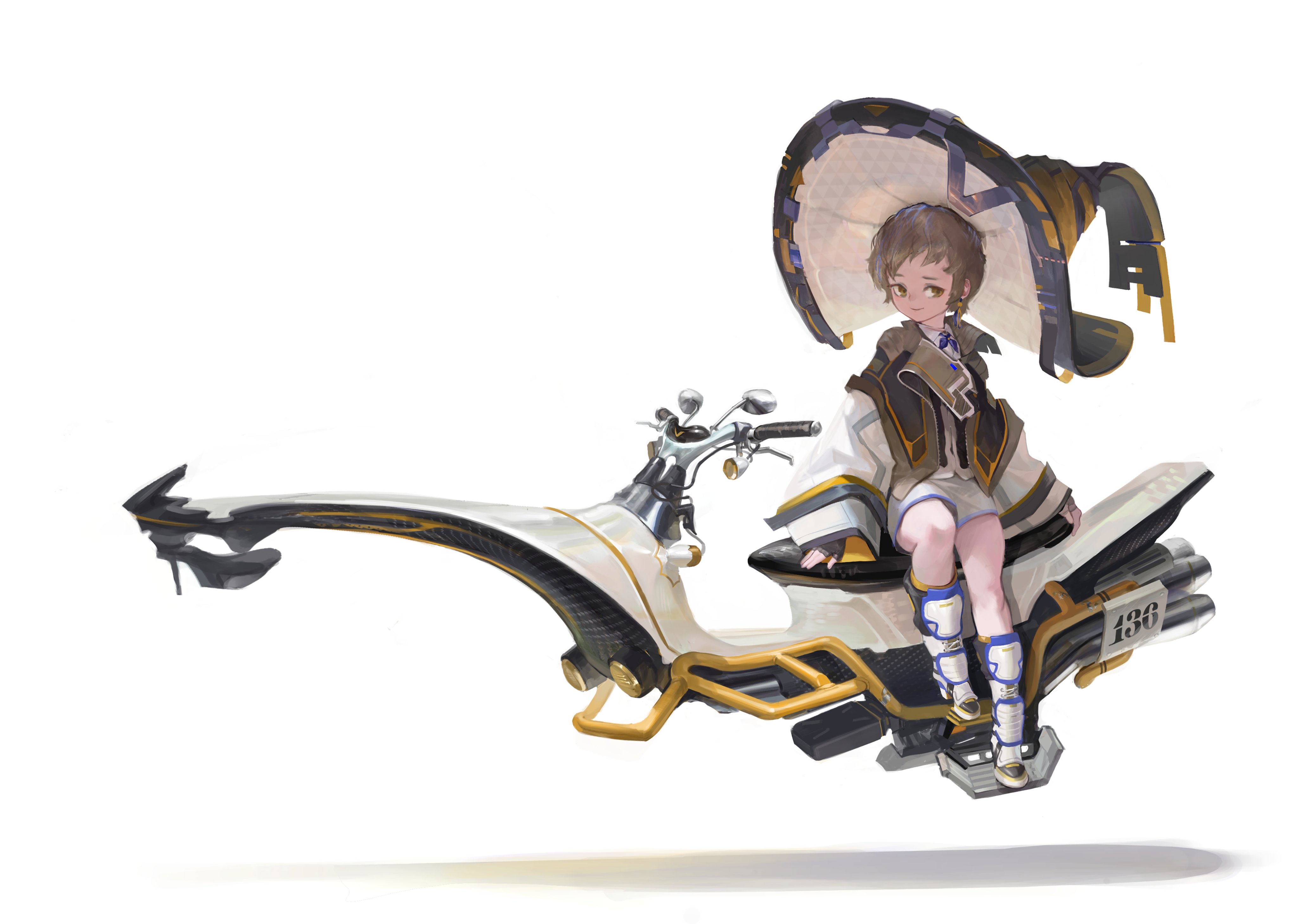 Girl with large hat on futuristic motorcycle 4K HD Wallpaper