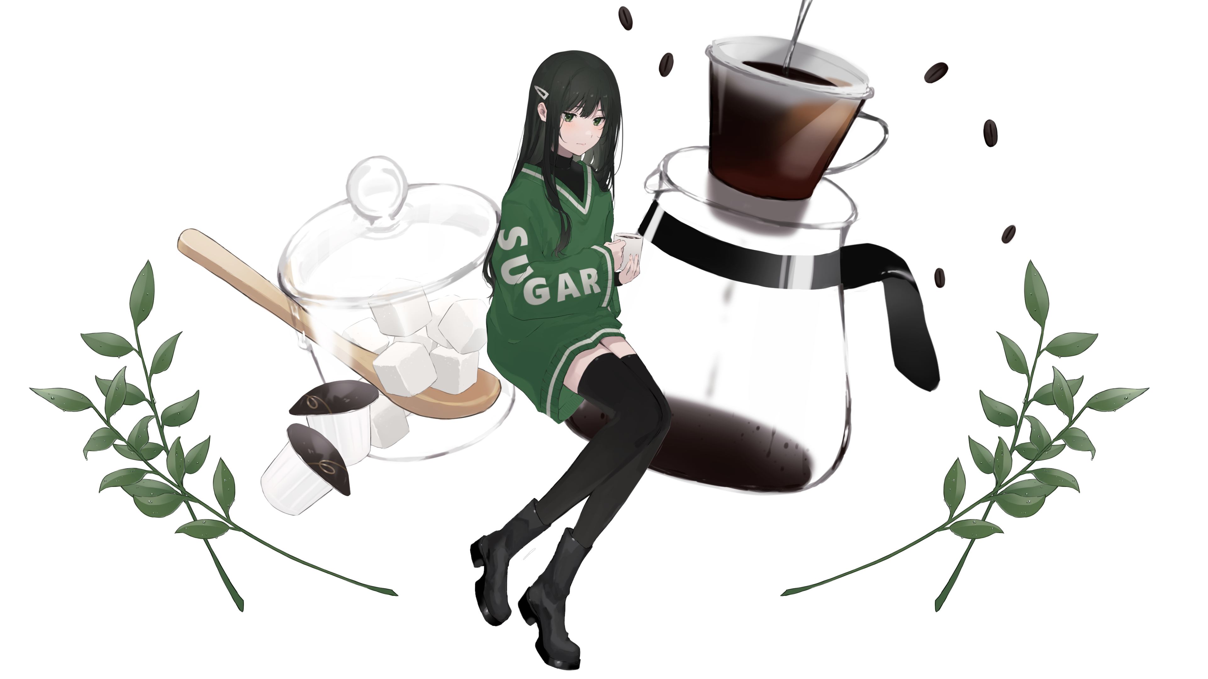 Anime girl with coffee and sugar HD Wallpaper