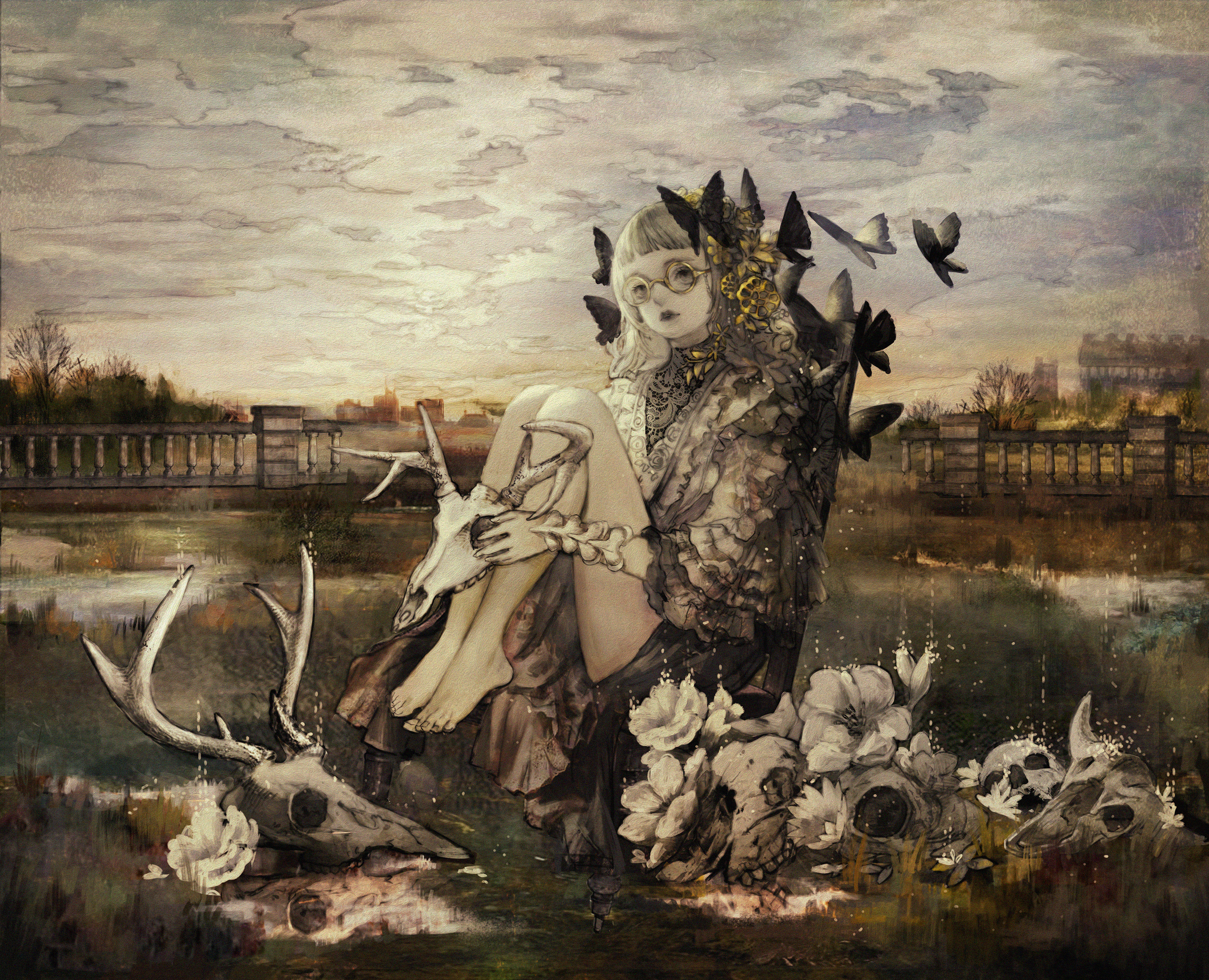 Girl with deer skulls and butterflies HD Wallpaper
