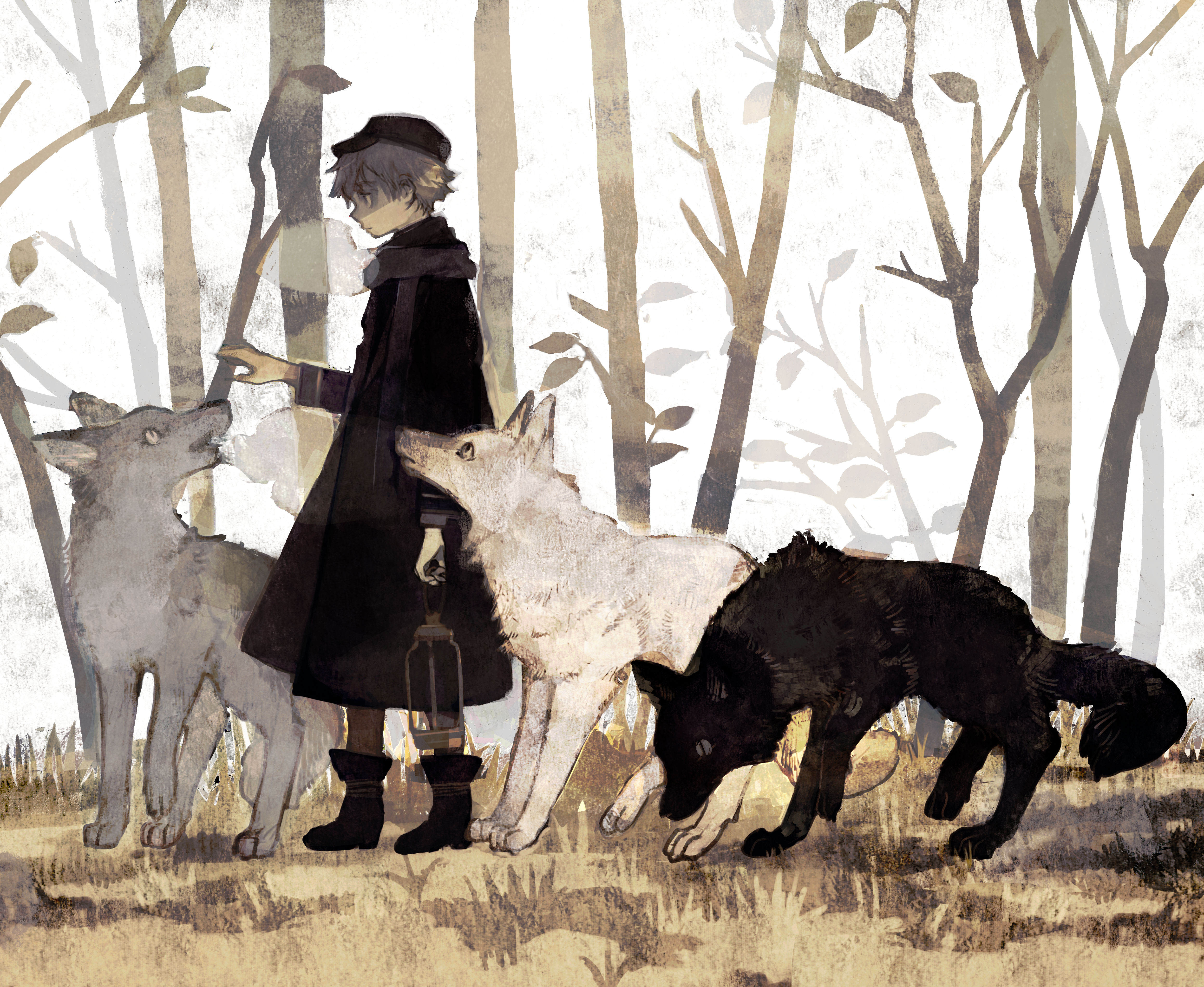 Anime character with wolves in a forest HD Wallpaper