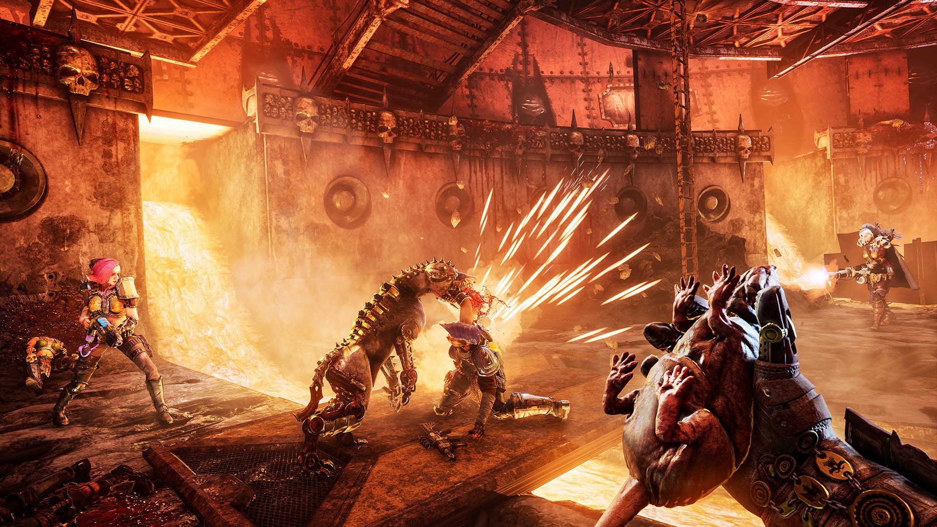 Necromunda: Hired Gun characters fighting a creature HD Wallpaper