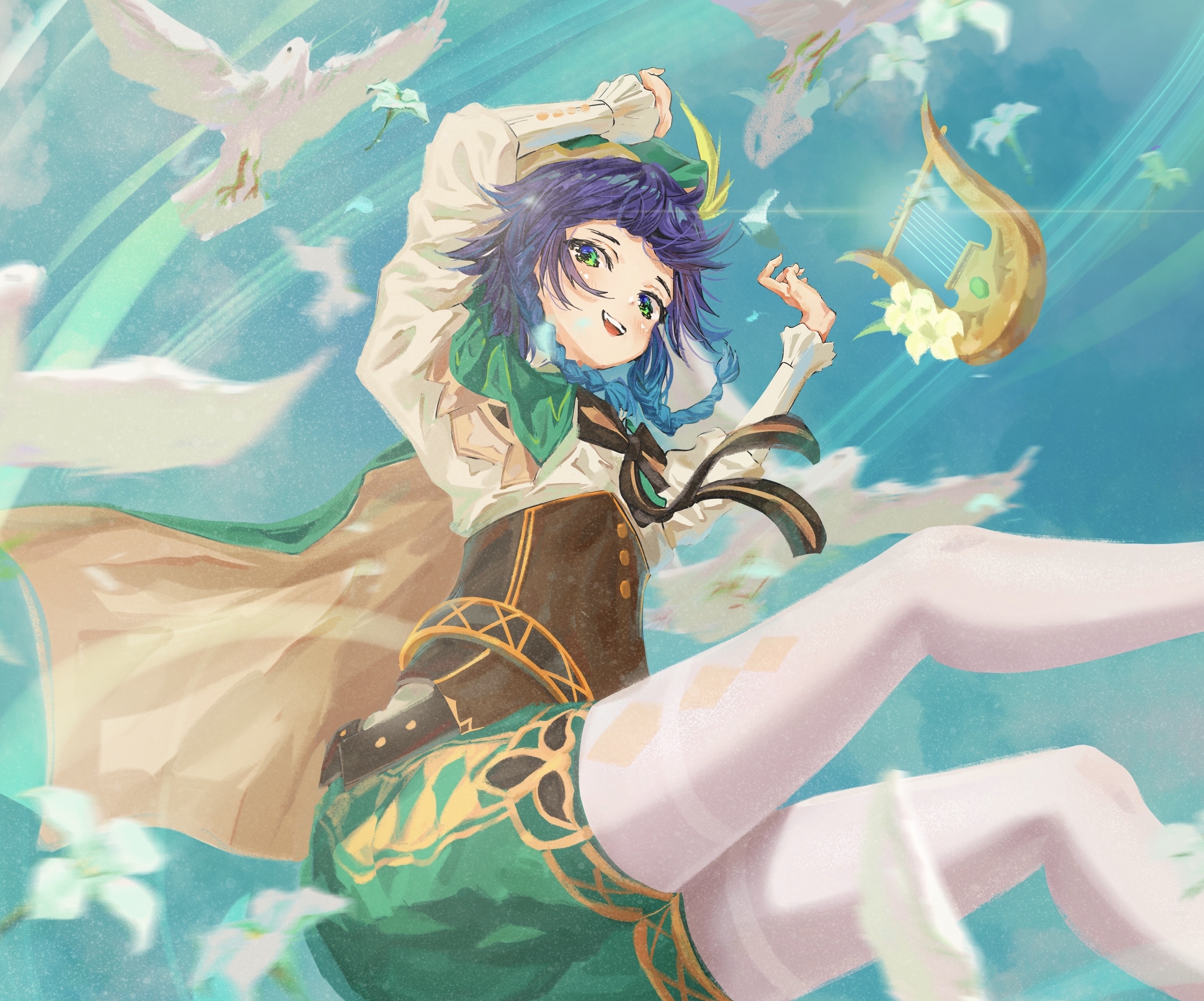 Venti from Genshin Impact with a lyre and doves HD Wallpaper