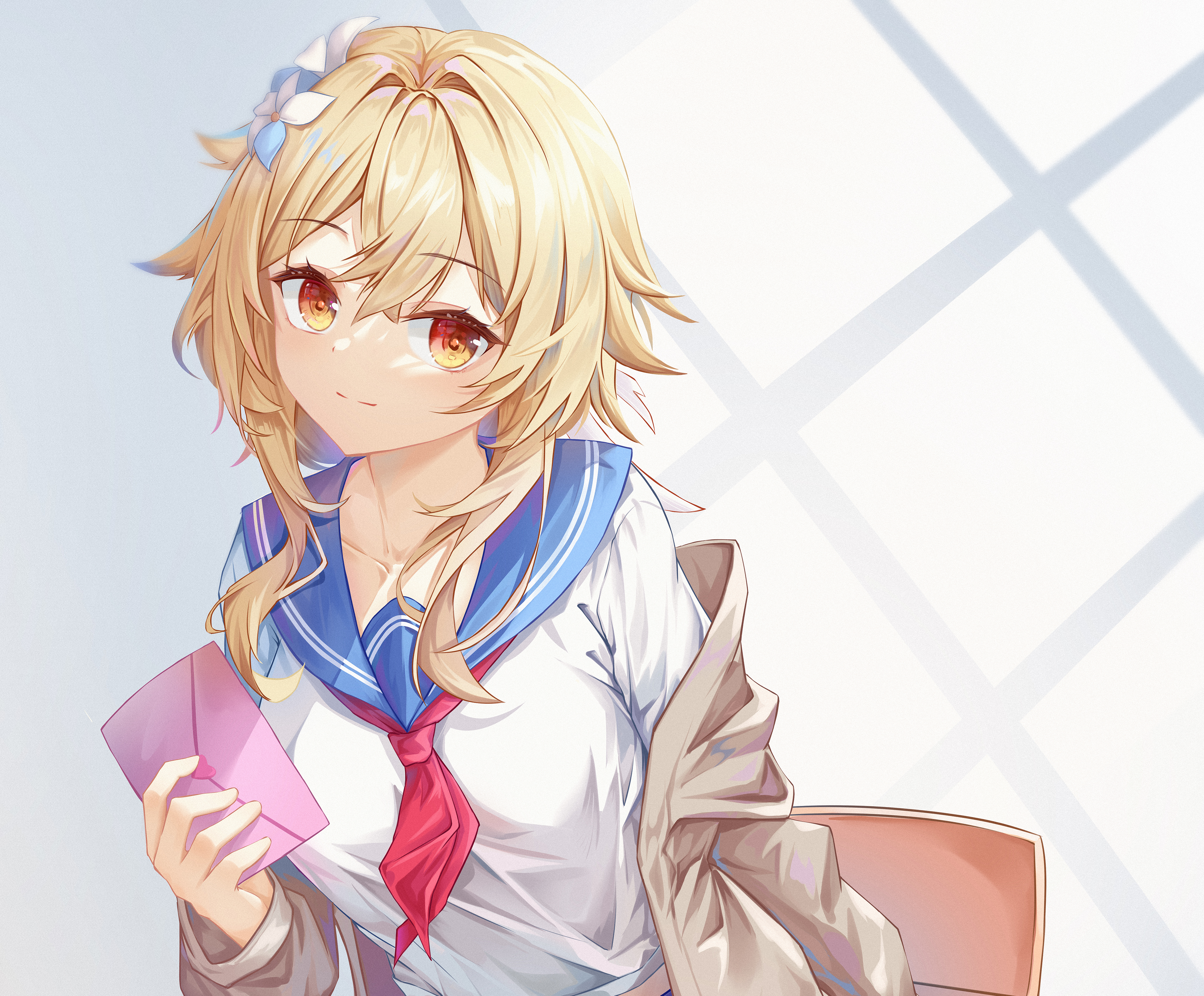 Lumine from Genshin Impact holding a letter HD Wallpaper