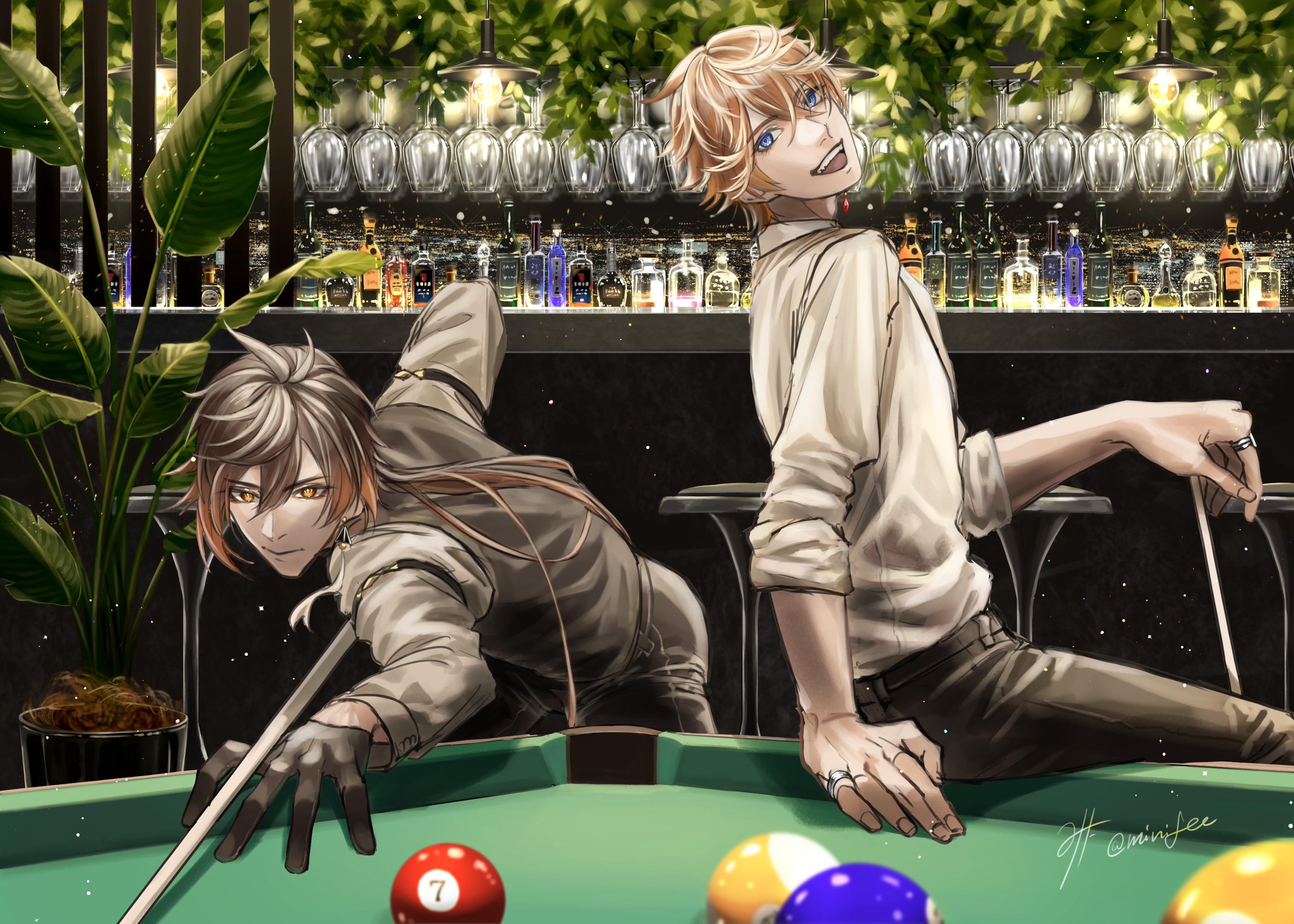 Tartaglia and Zhongli playing billiards at a bar HD Wallpaper