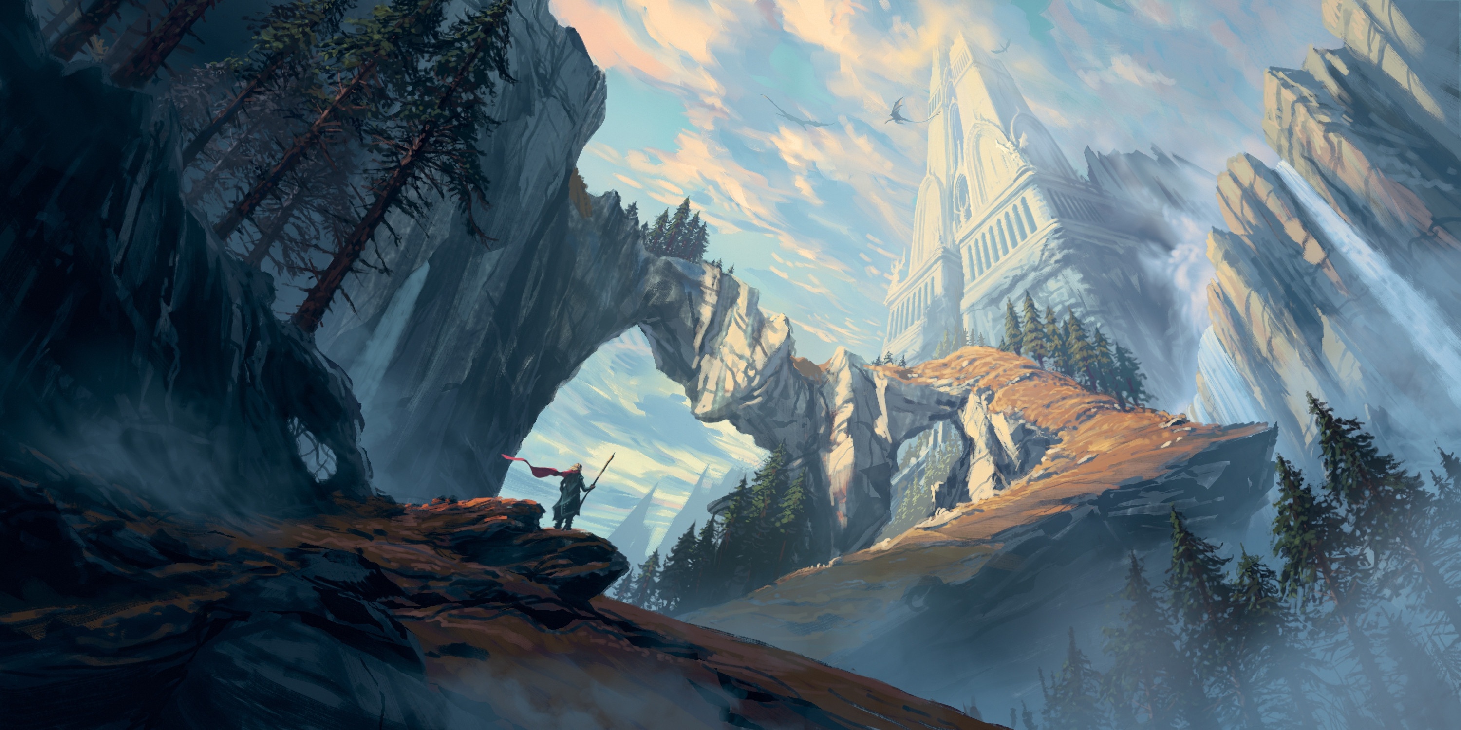 Fantasy castle on a mountain with a traveler HD Wallpaper