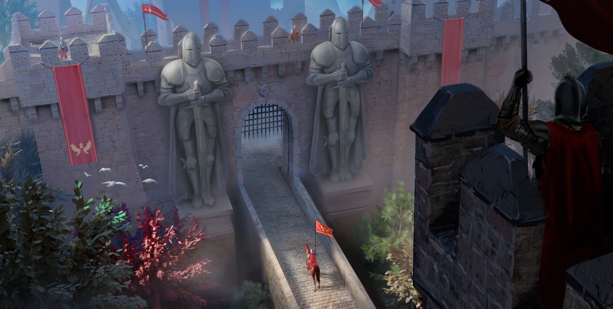 Knights guarding a castle gate with statues HD Wallpaper