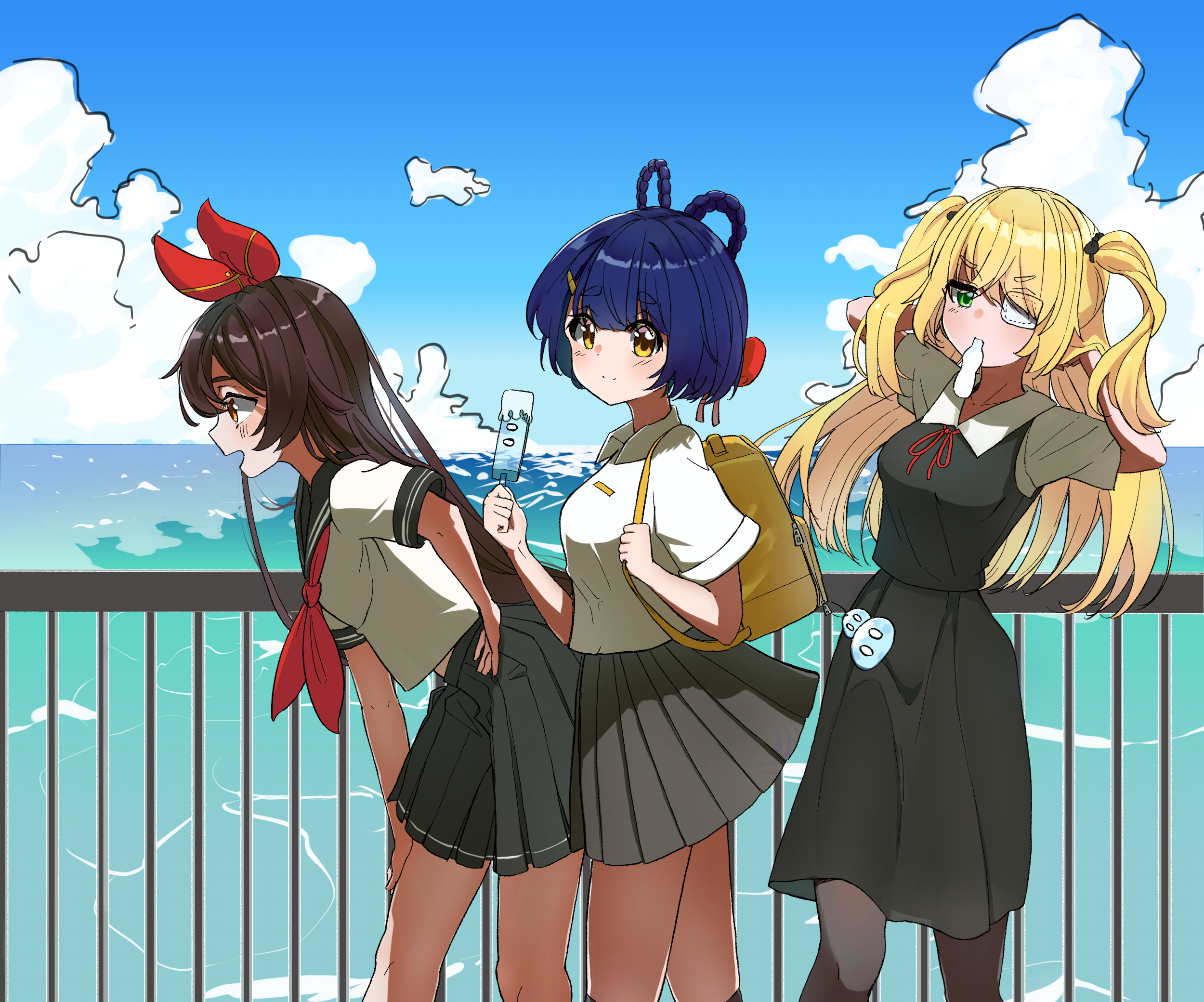 Amber, Xiangling, and Fischl from Genshin Impact by the sea HD Wallpaper