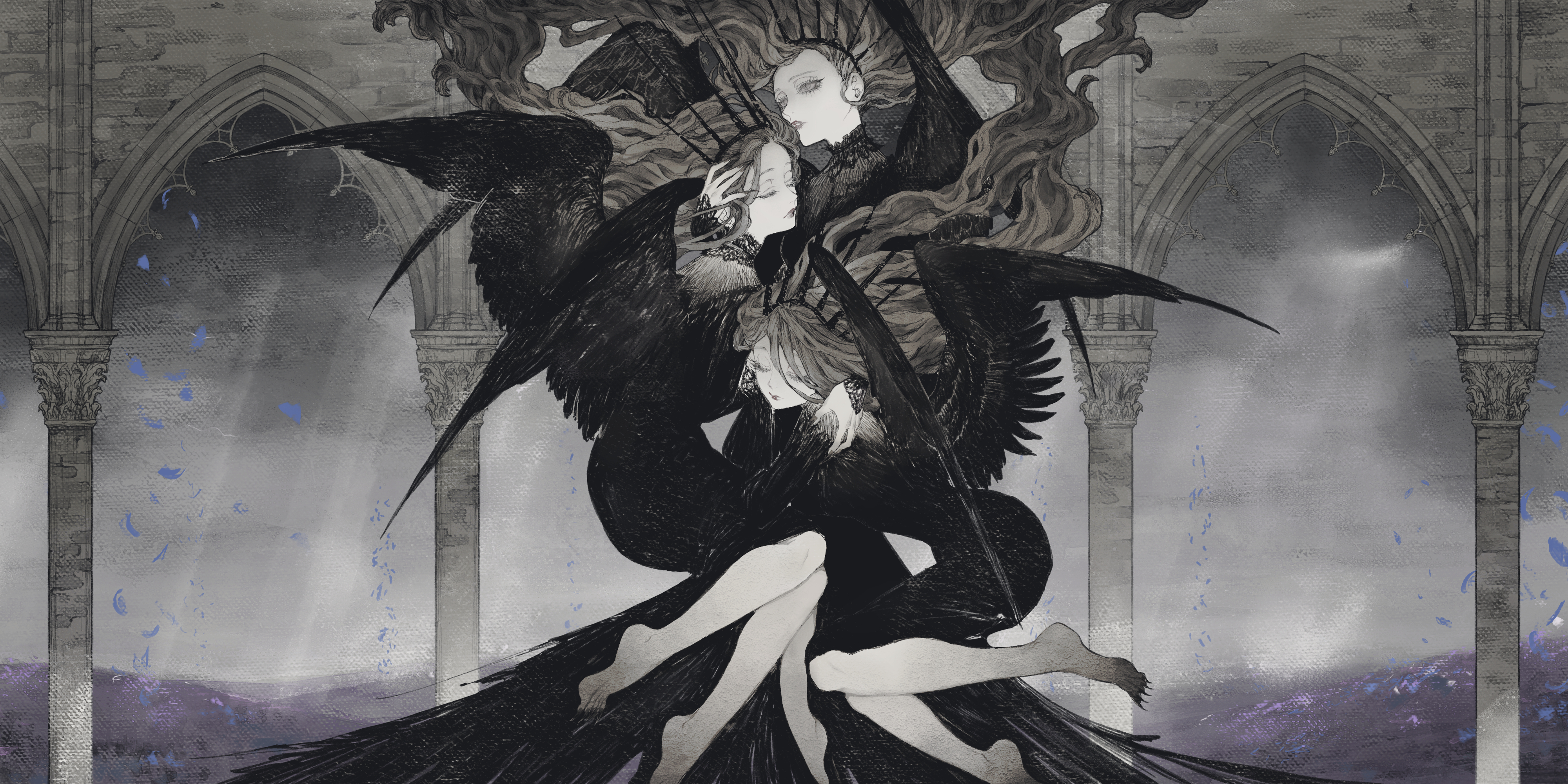 Three winged figures in gothic architecture HD Wallpaper