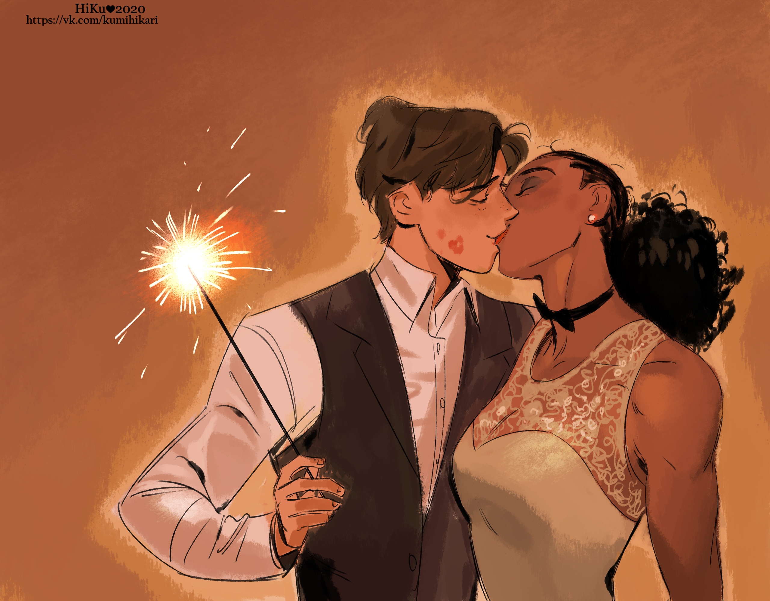 Couple kissing with sparkler HD Wallpaper
