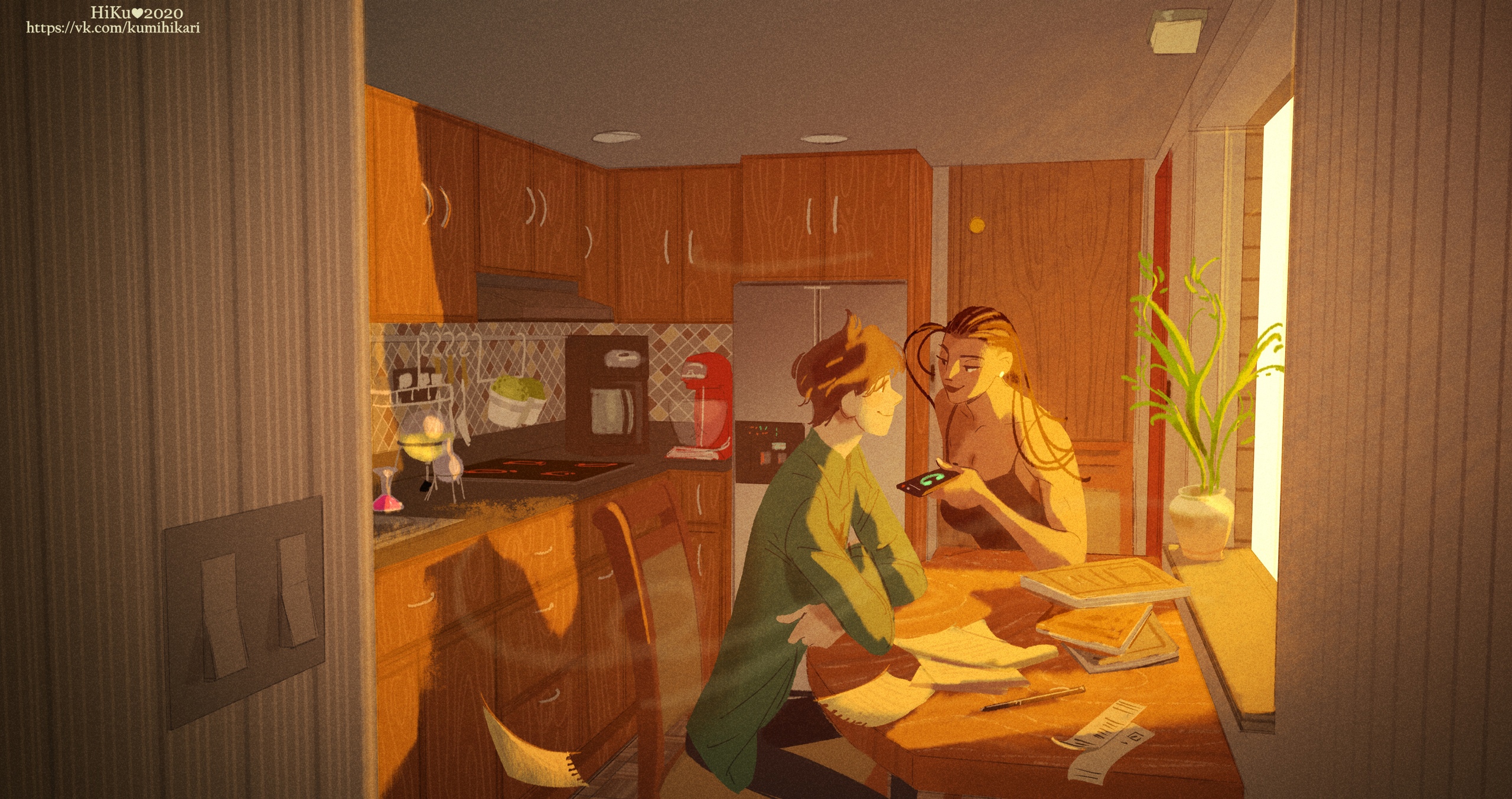Two people in a kitchen at sunset HD Wallpaper