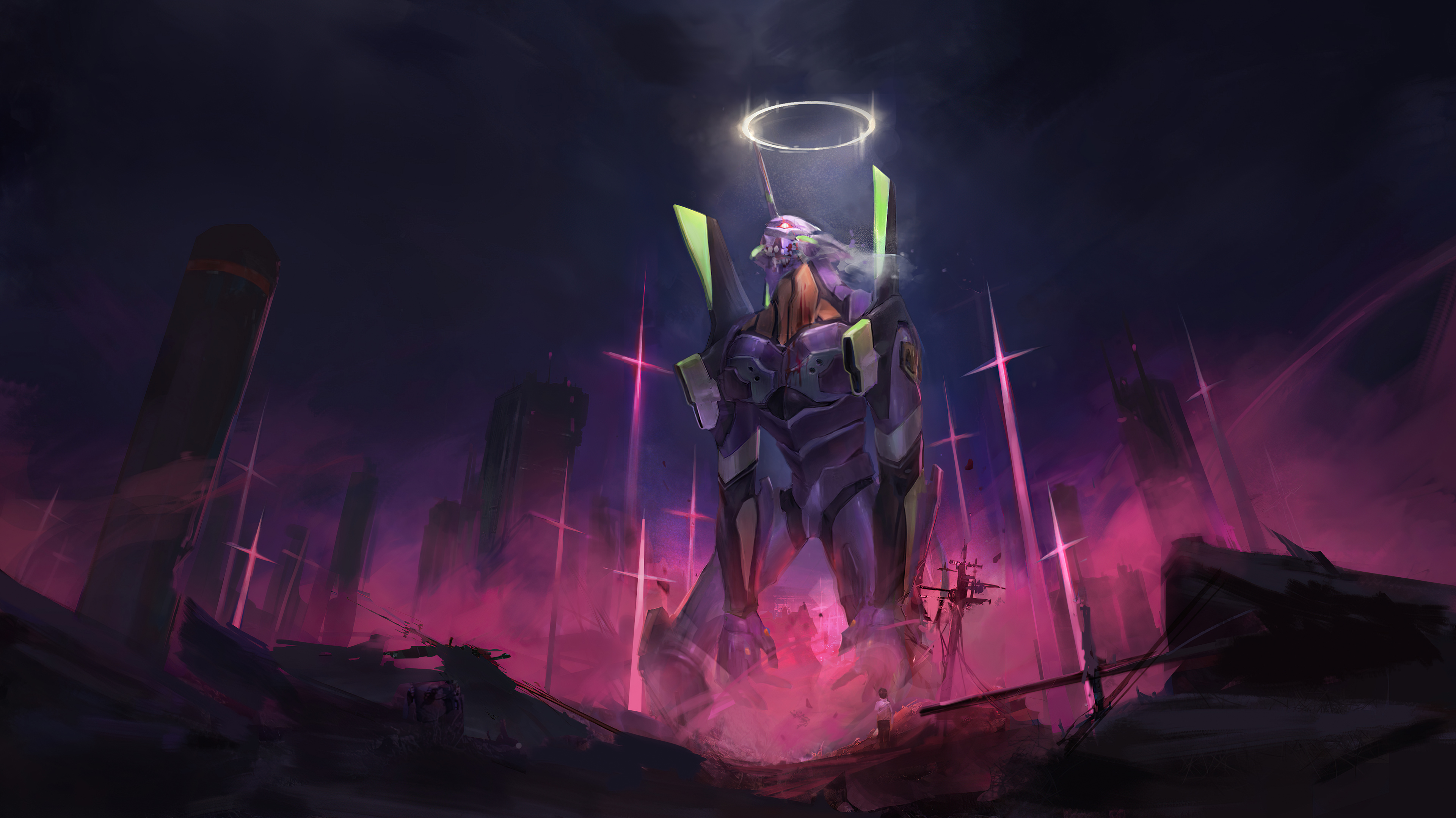 Neon Genesis Evangelion Robot in Futuristic Scene HD Wallpaper