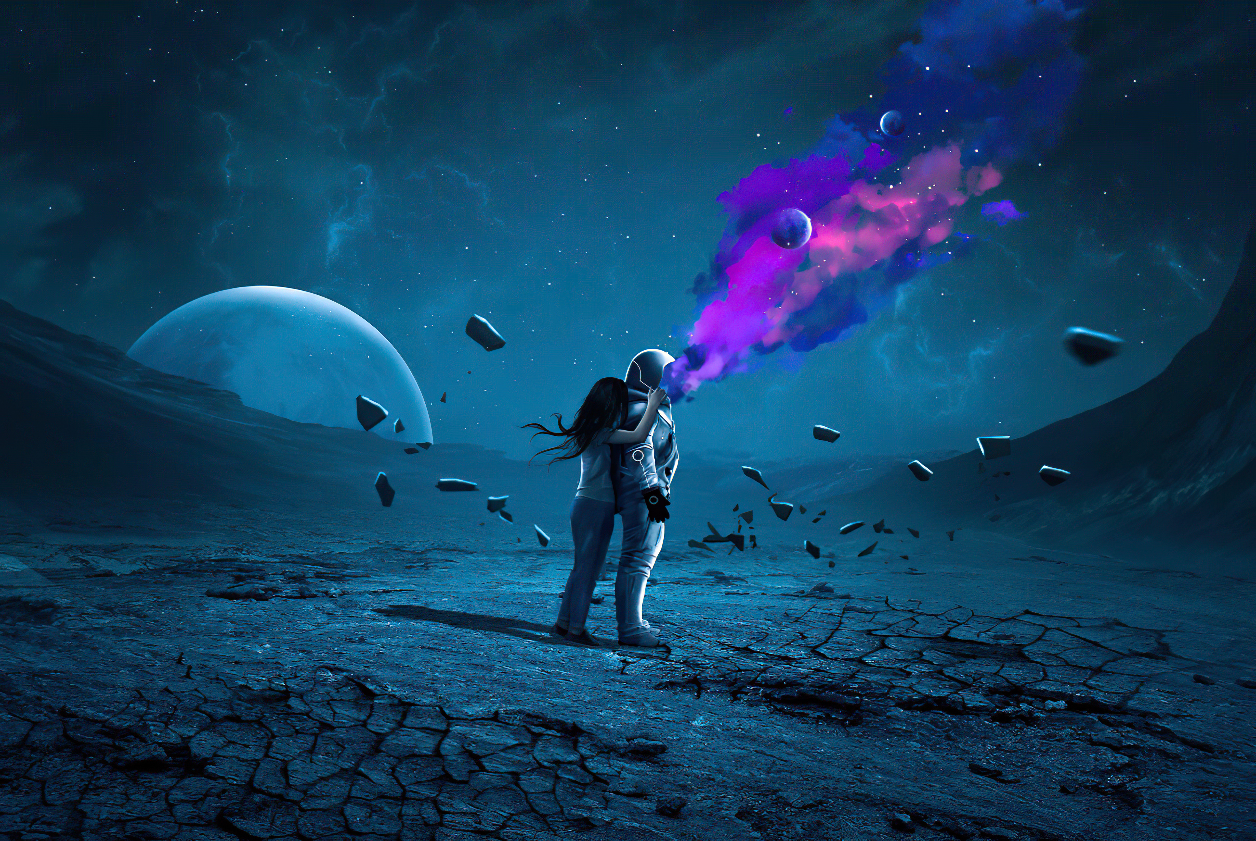 Astronaut and woman in space with nebula 4K HD Wallpaper
