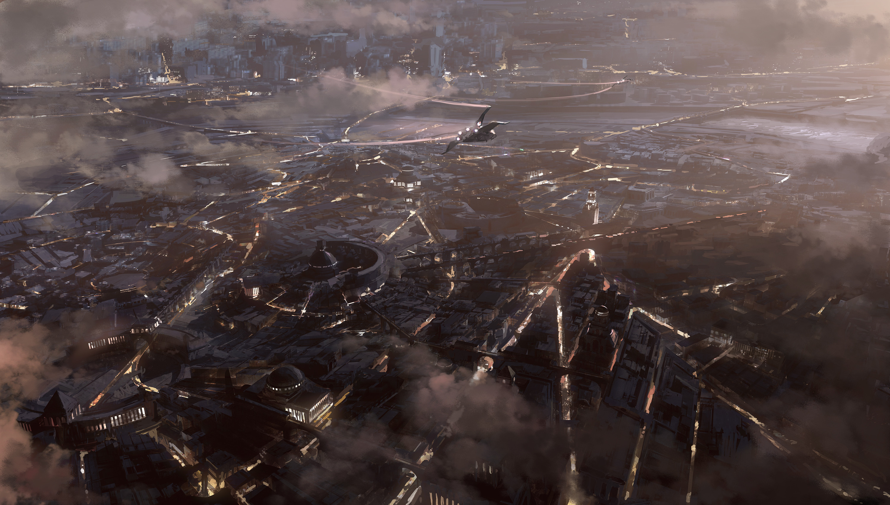 Sci Fi Cityscape with Aircraft HD Wallpaper